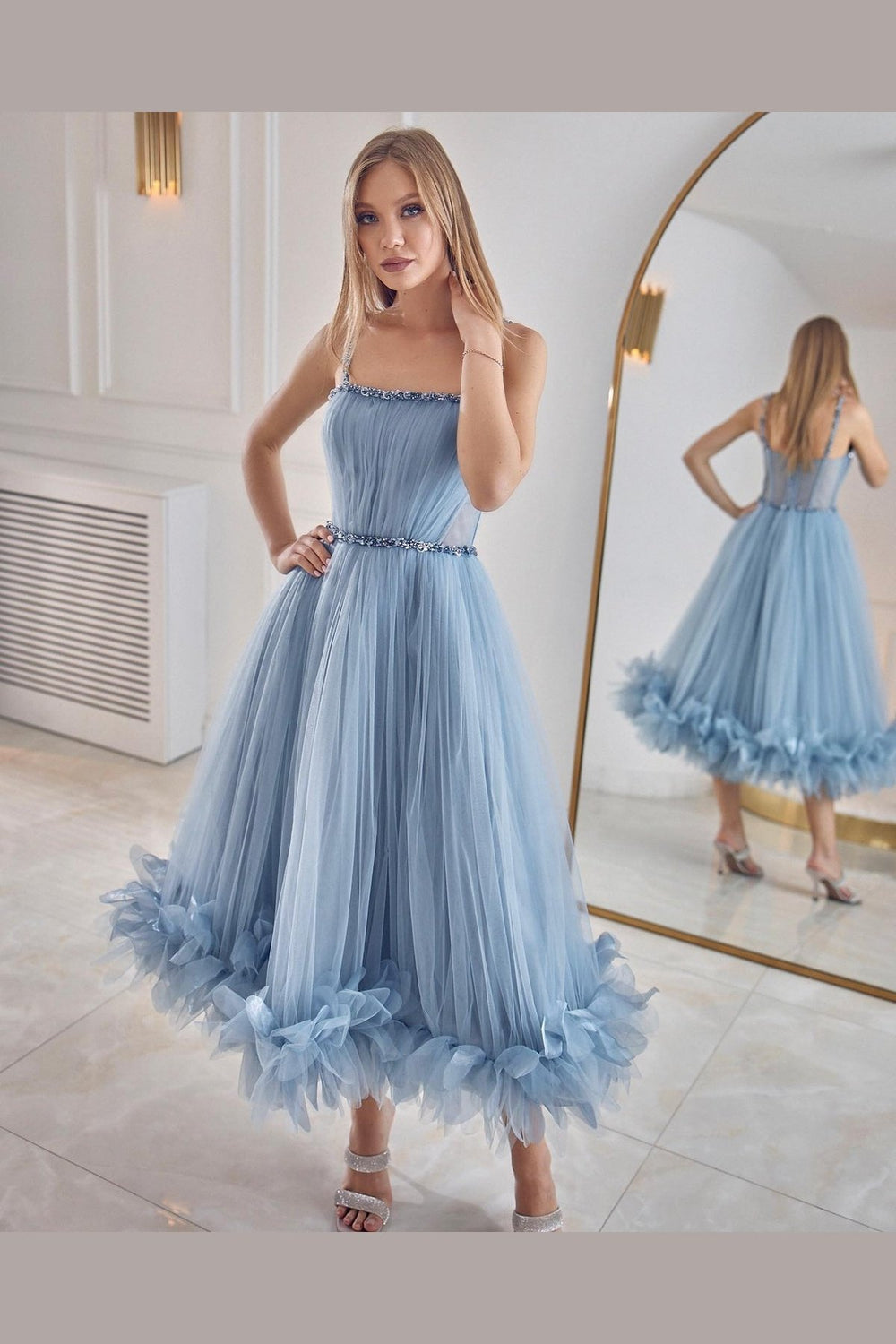 Wide Skirt Blue Engagement Dress