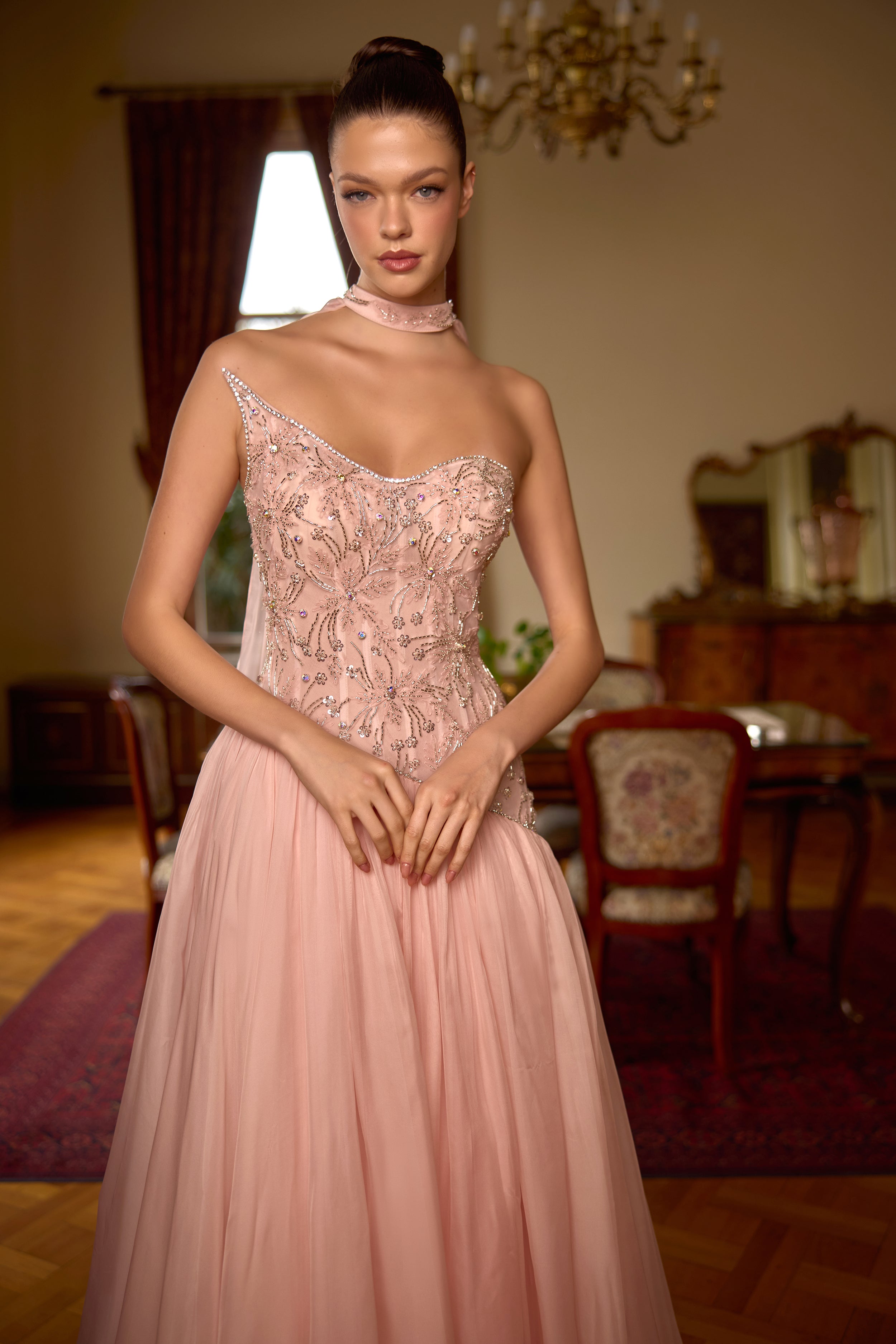 Elena Pudra Tek Omuz İşlemeli Prenses Abiye