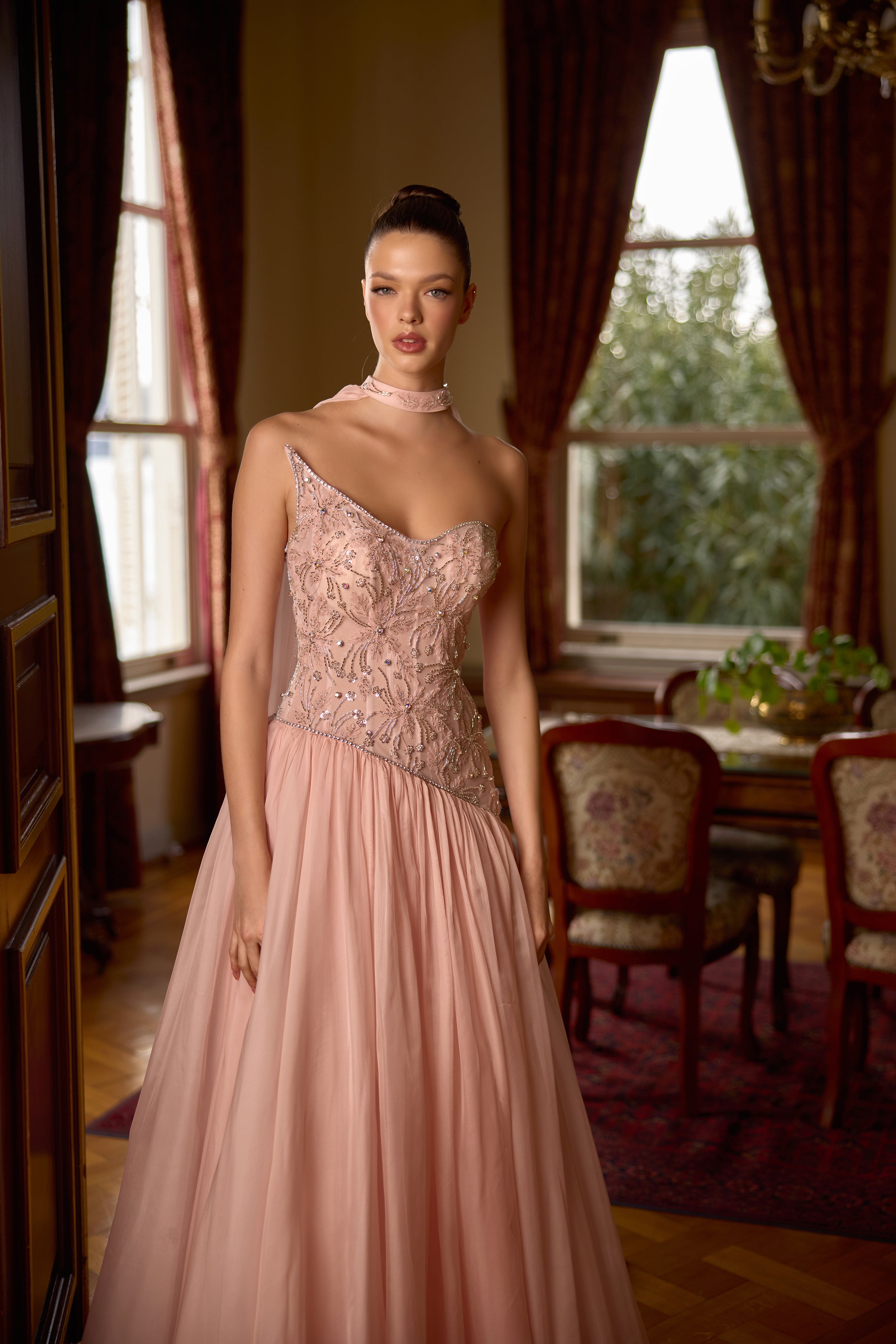 Elena Pudra Tek Omuz İşlemeli Prenses Abiye