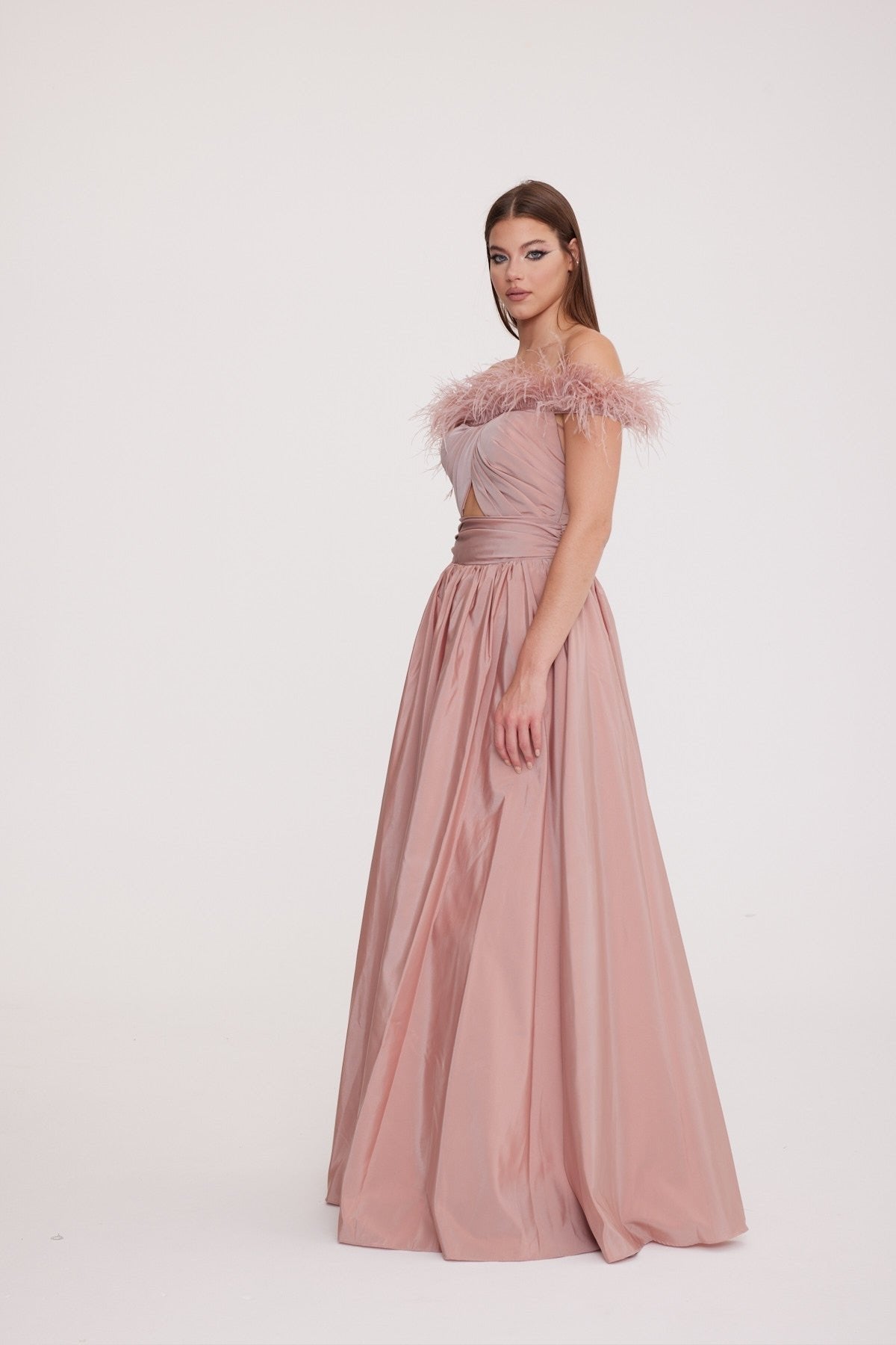 Draped Detailed Long Evening Dress with Embroidered Bust