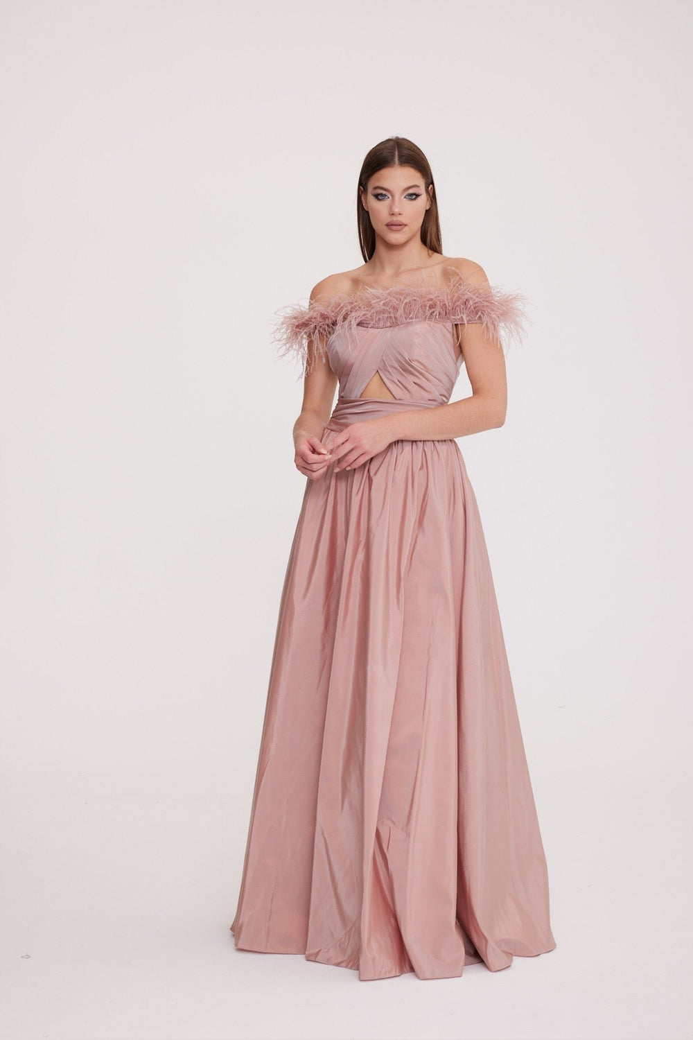 Draped Detailed Long Evening Dress with Embroidered Bust