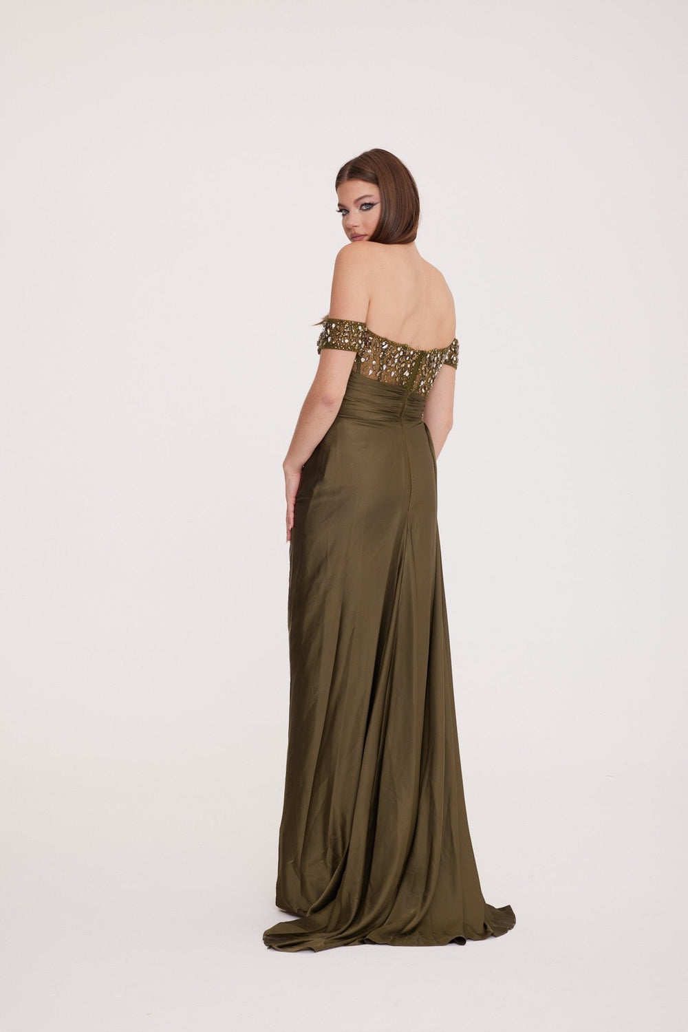 Low Sleeve Chest Stone Embroidered Draped Detailed Deep Slit Dress