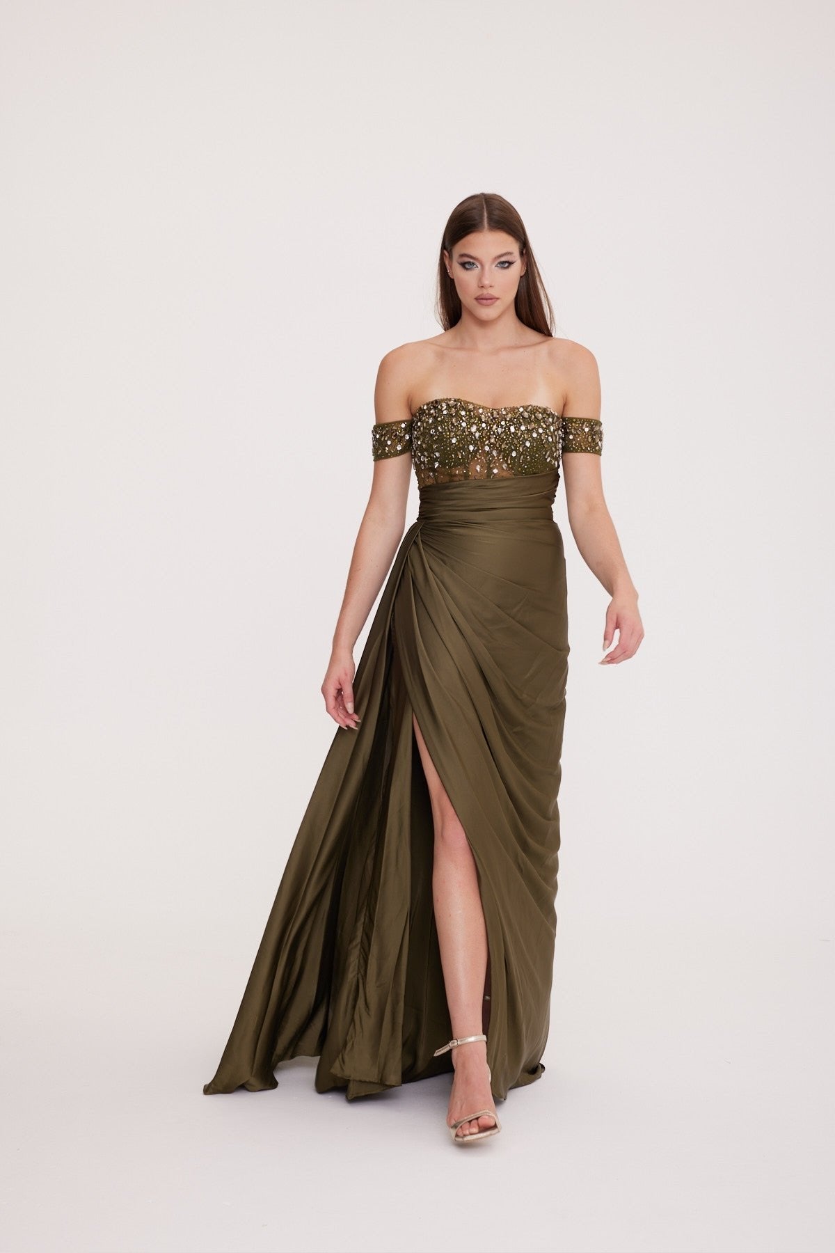 Low Sleeve Chest Stone Embroidered Draped Detailed Deep Slit Dress