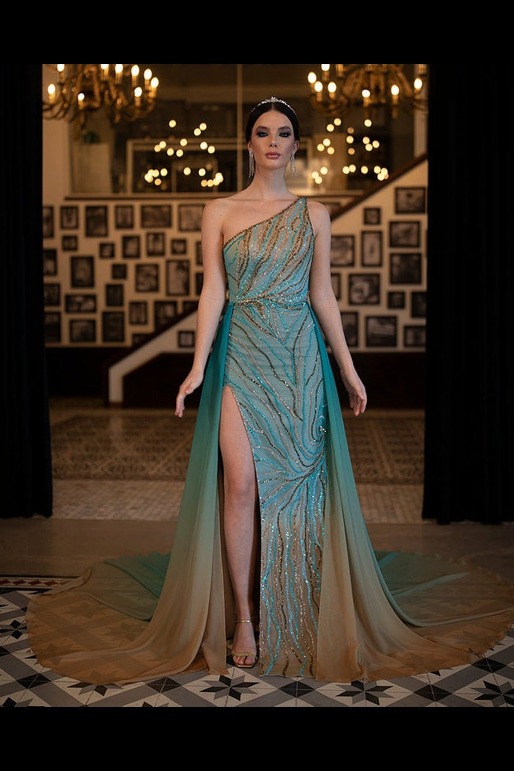 Sequined One-Shoulder Deep Slit Dress