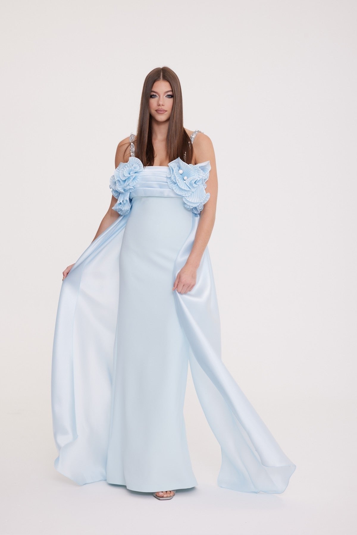 Rhinestone Strap Pleated Shiny Fabric Long Evening Dress