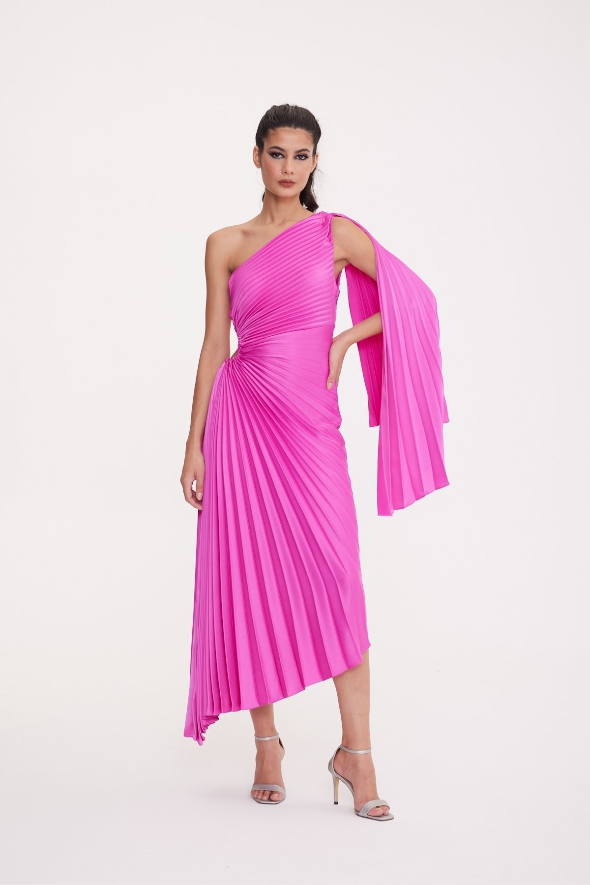 One Shoulder Waist Window Detailed Pleated Satin Asymmetrical Dress