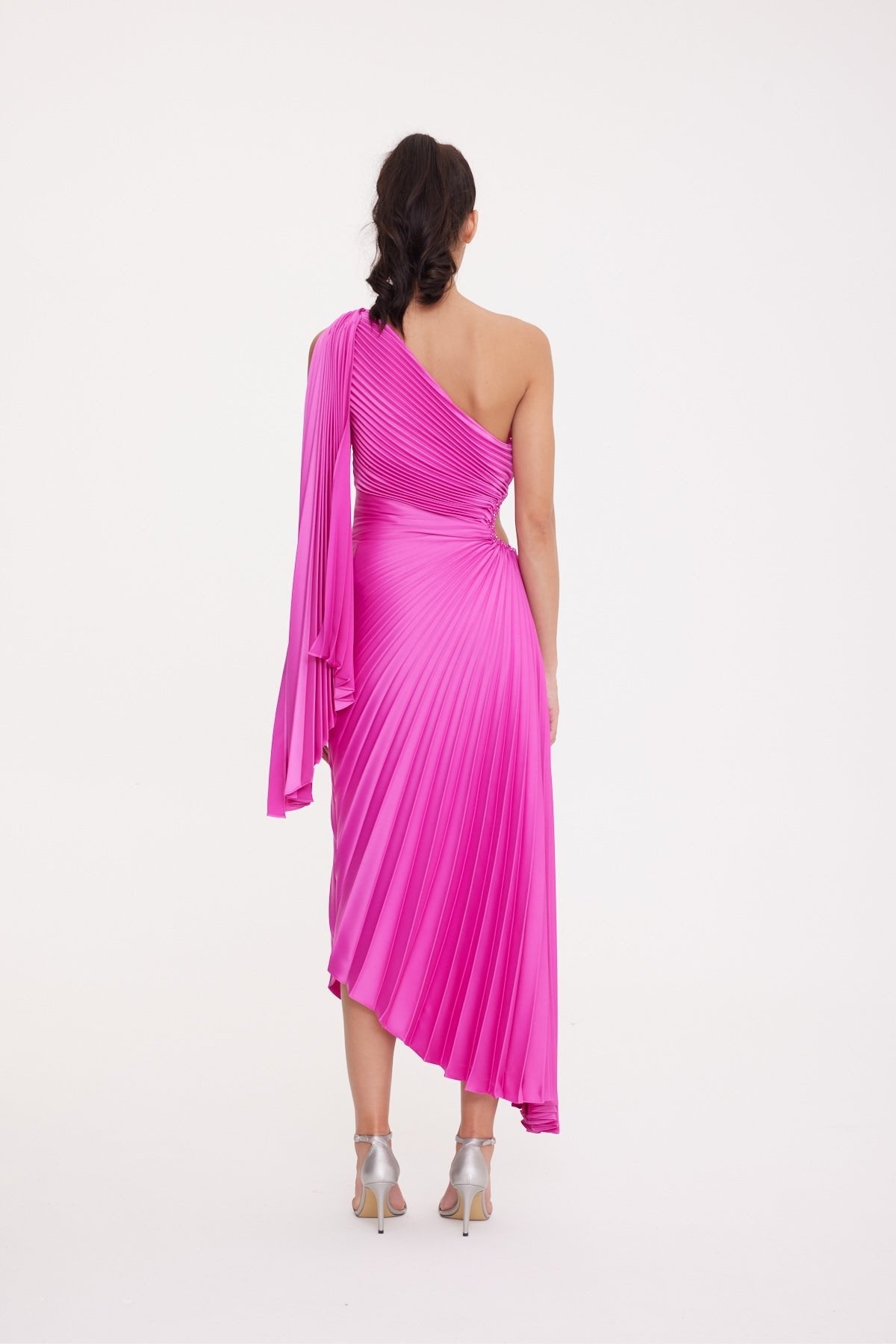 One Shoulder Waist Window Detailed Pleated Satin Asymmetrical Dress