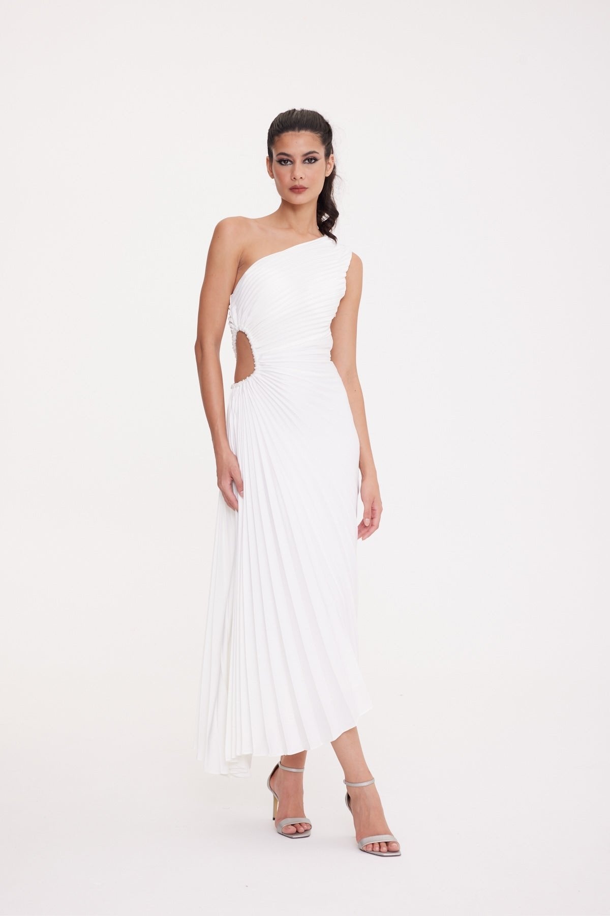 One Shoulder Waist Window Detailed Pleated Satin Asymmetrical Dress