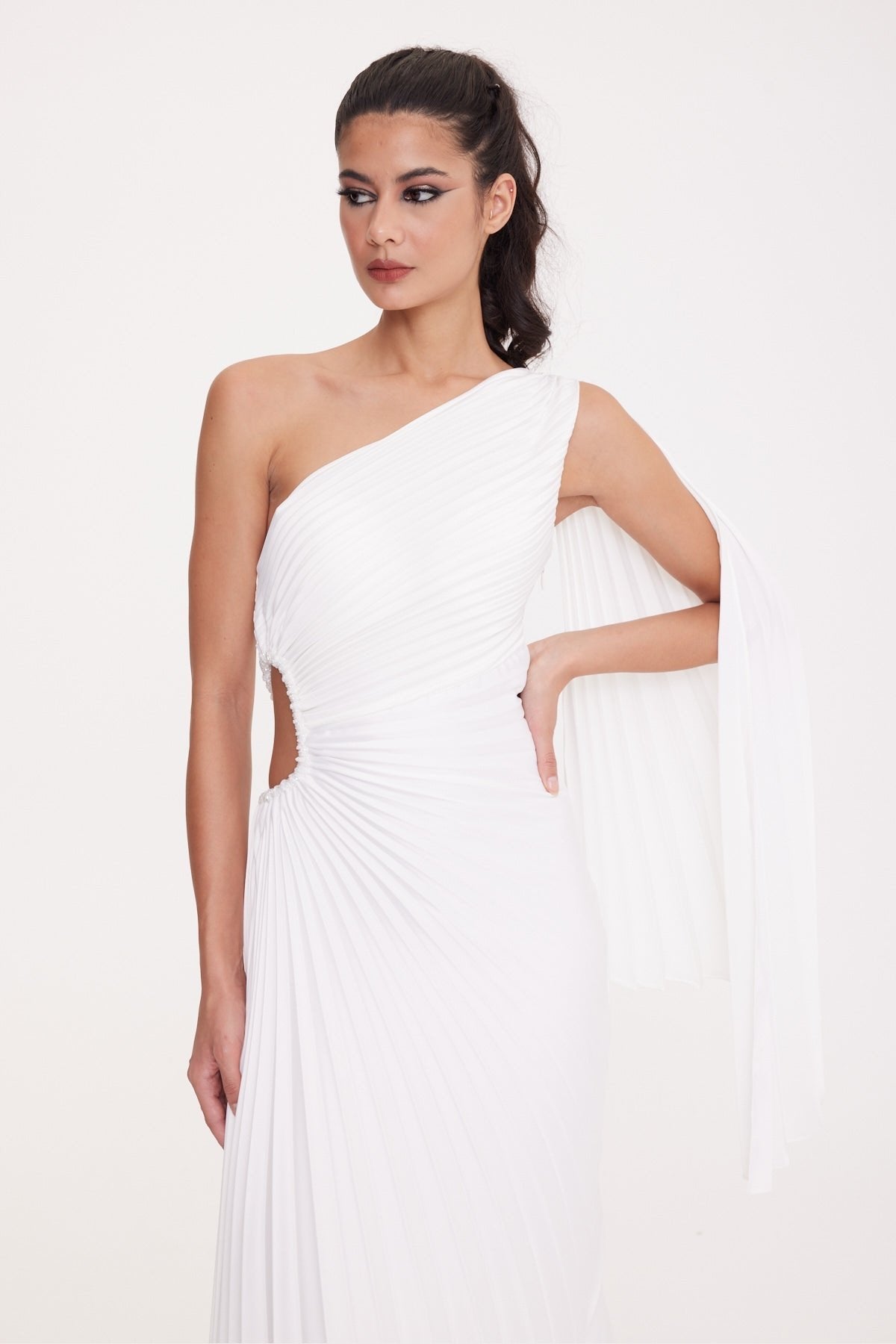One Shoulder Waist Window Detailed Pleated Satin Asymmetrical Dress