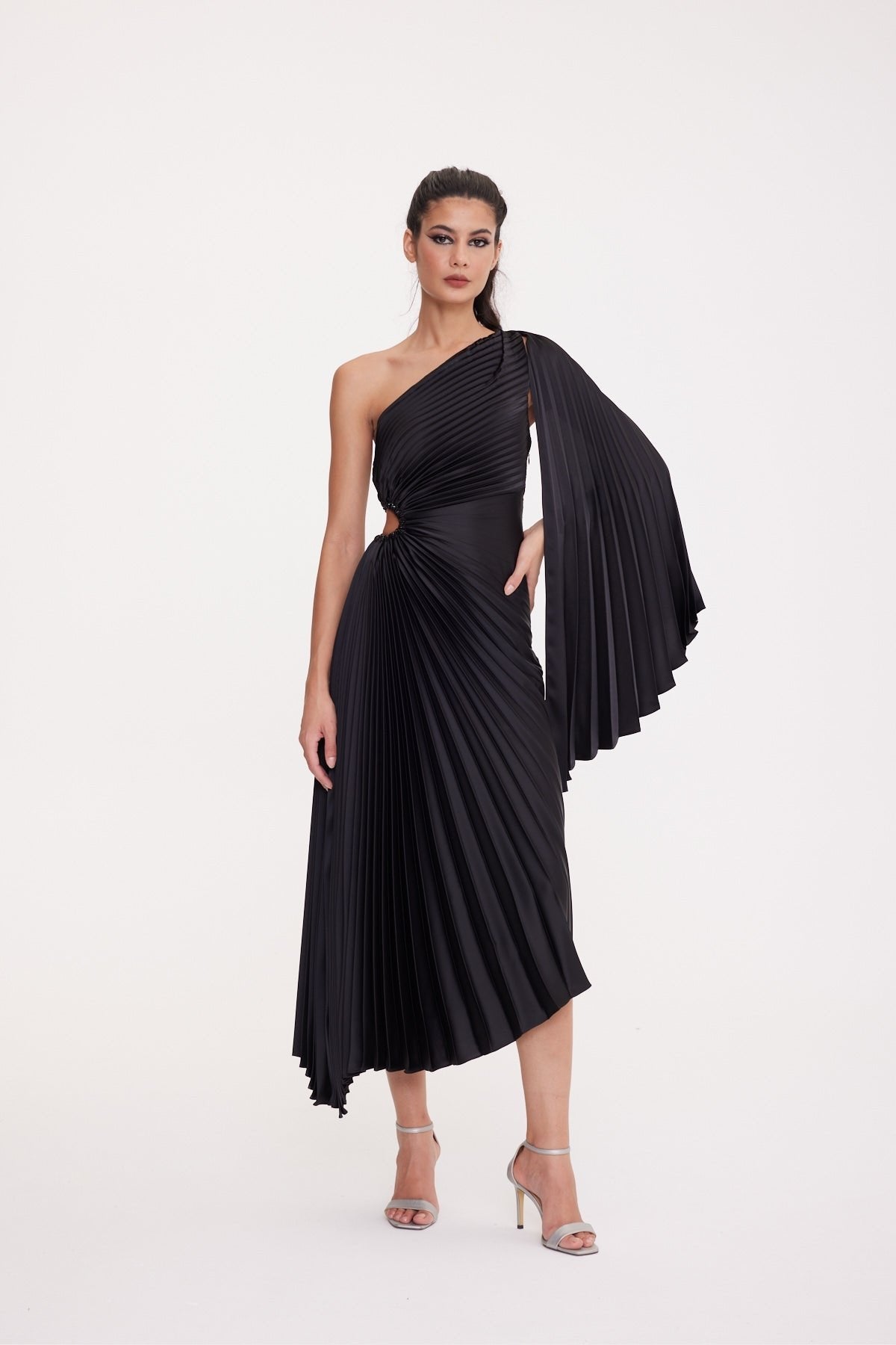 One Shoulder Waist Window Detailed Pleated Satin Asymmetrical Dress