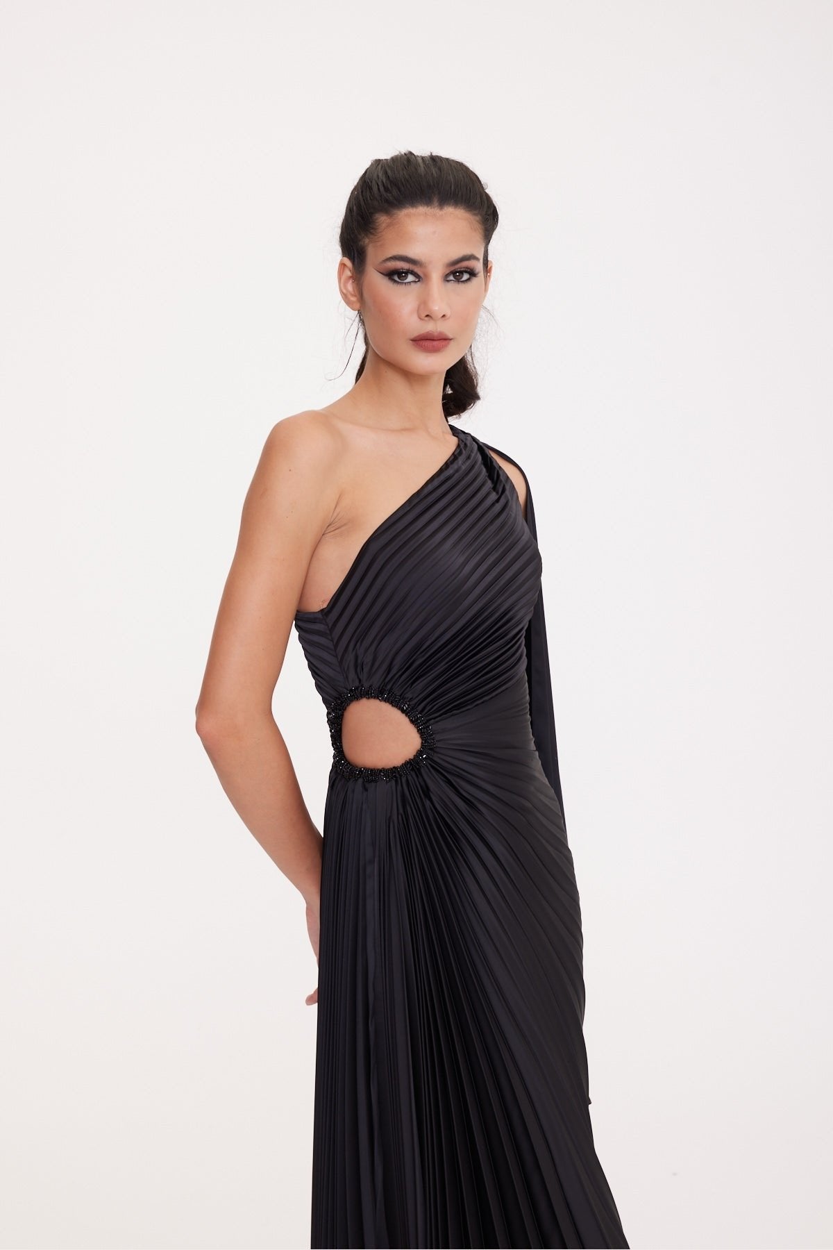 One Shoulder Waist Window Detailed Pleated Satin Asymmetrical Dress