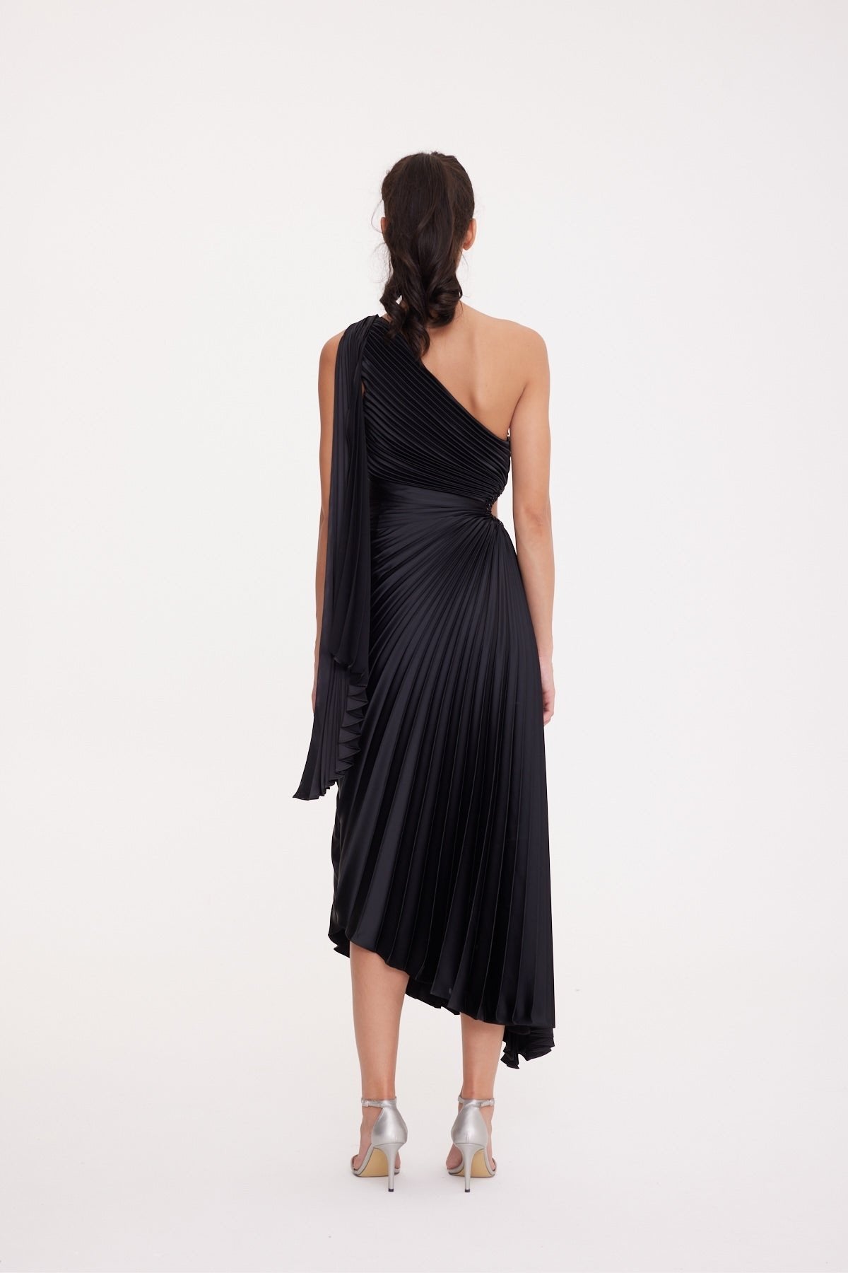 One Shoulder Waist Window Detailed Pleated Satin Asymmetrical Dress