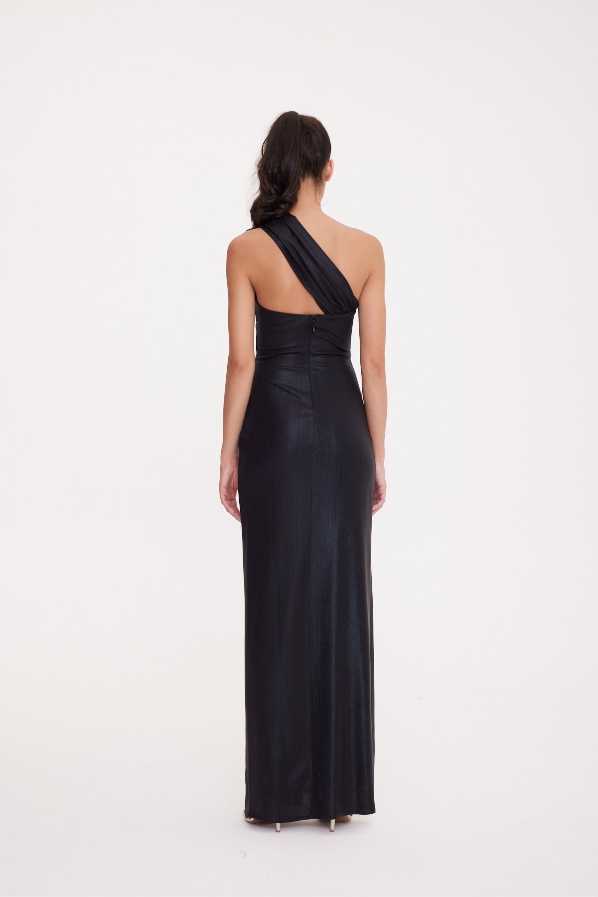 Long Evening Dress with One Cross Straps and Stones Fishnet Slit