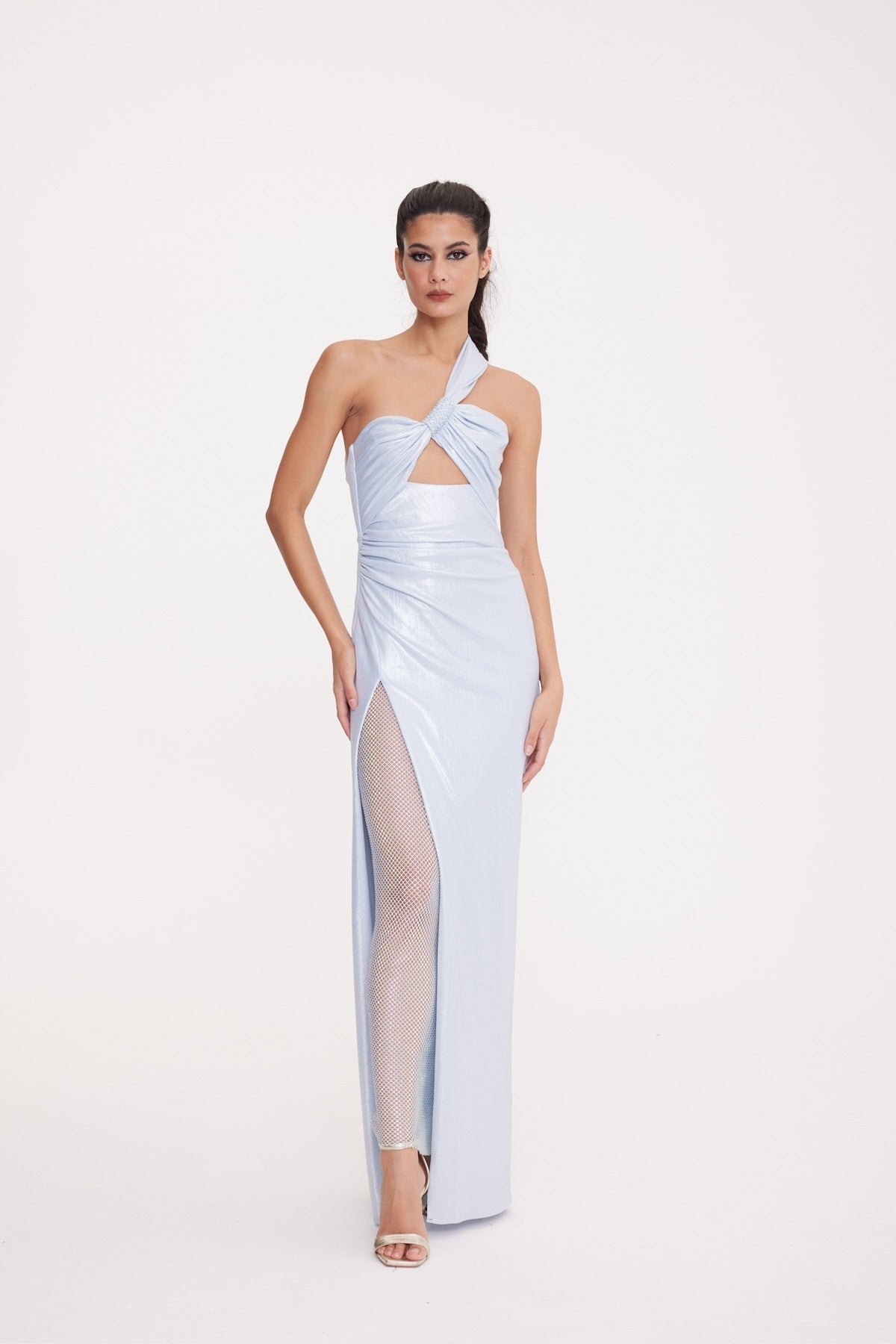 Long Evening Dress with One Cross Straps and Stones Fishnet Slit