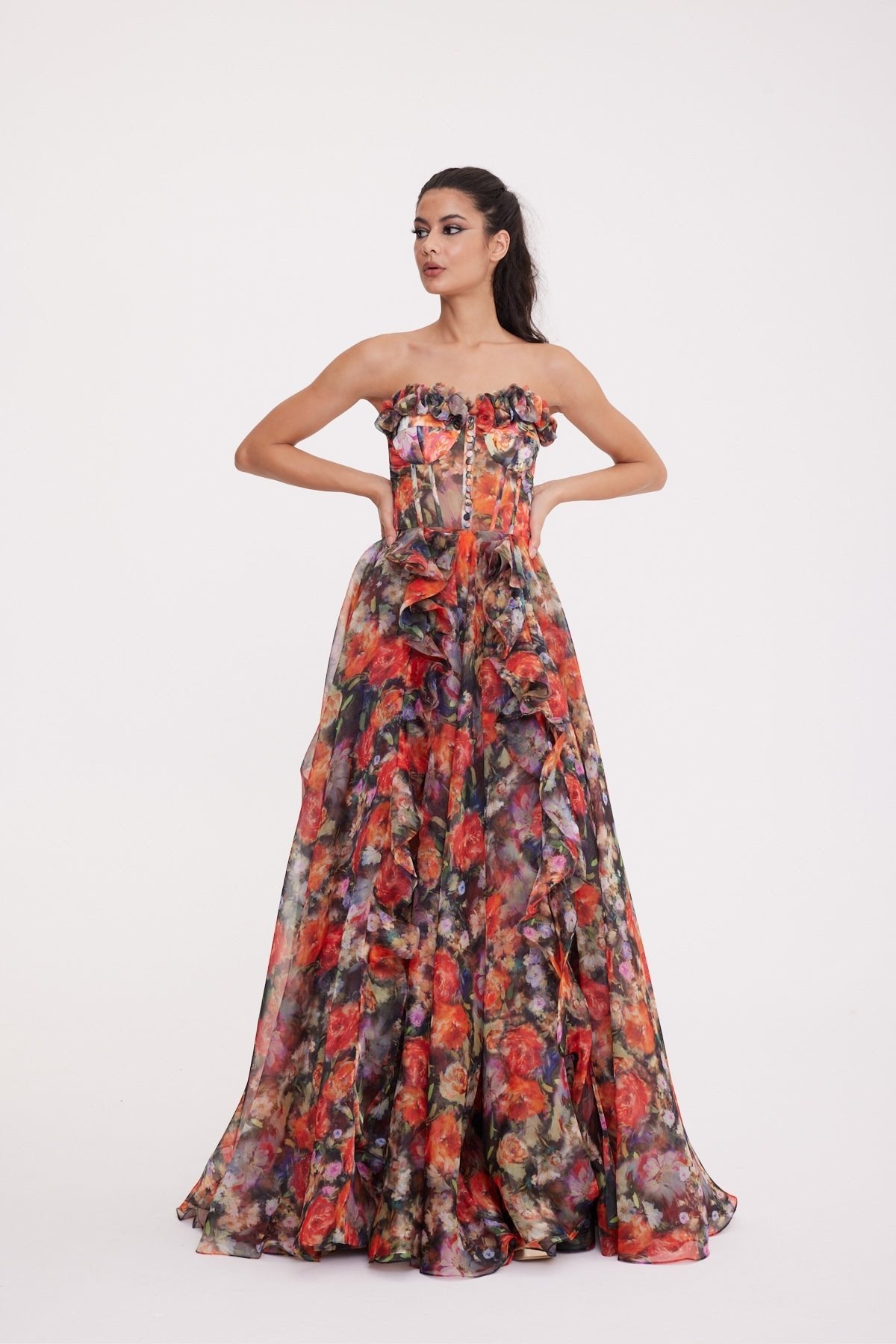 Marigold Straplez Yırtmaçlı Desenli Elbise