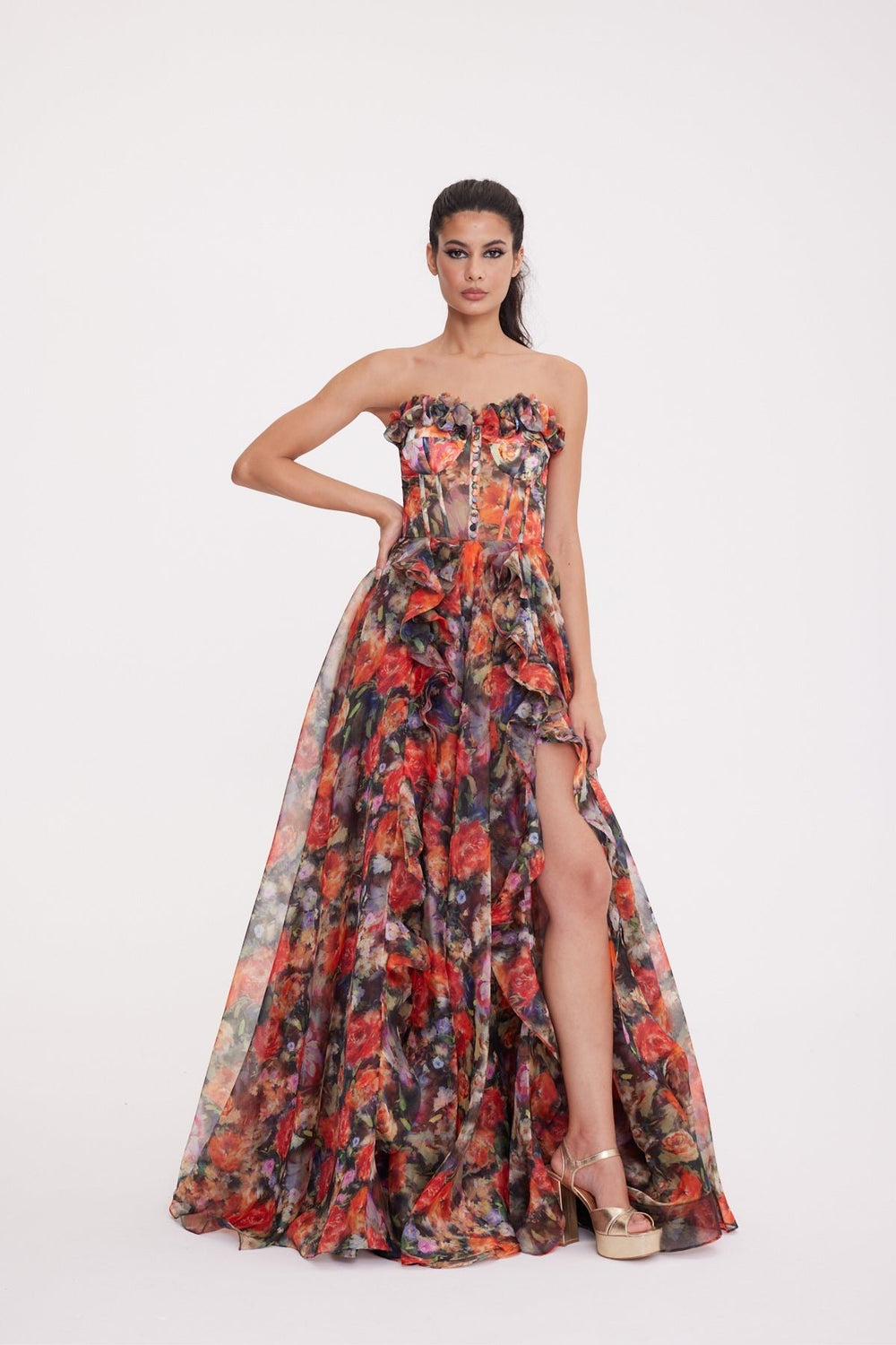 Marigold Strapless Slit Patterned Dress 