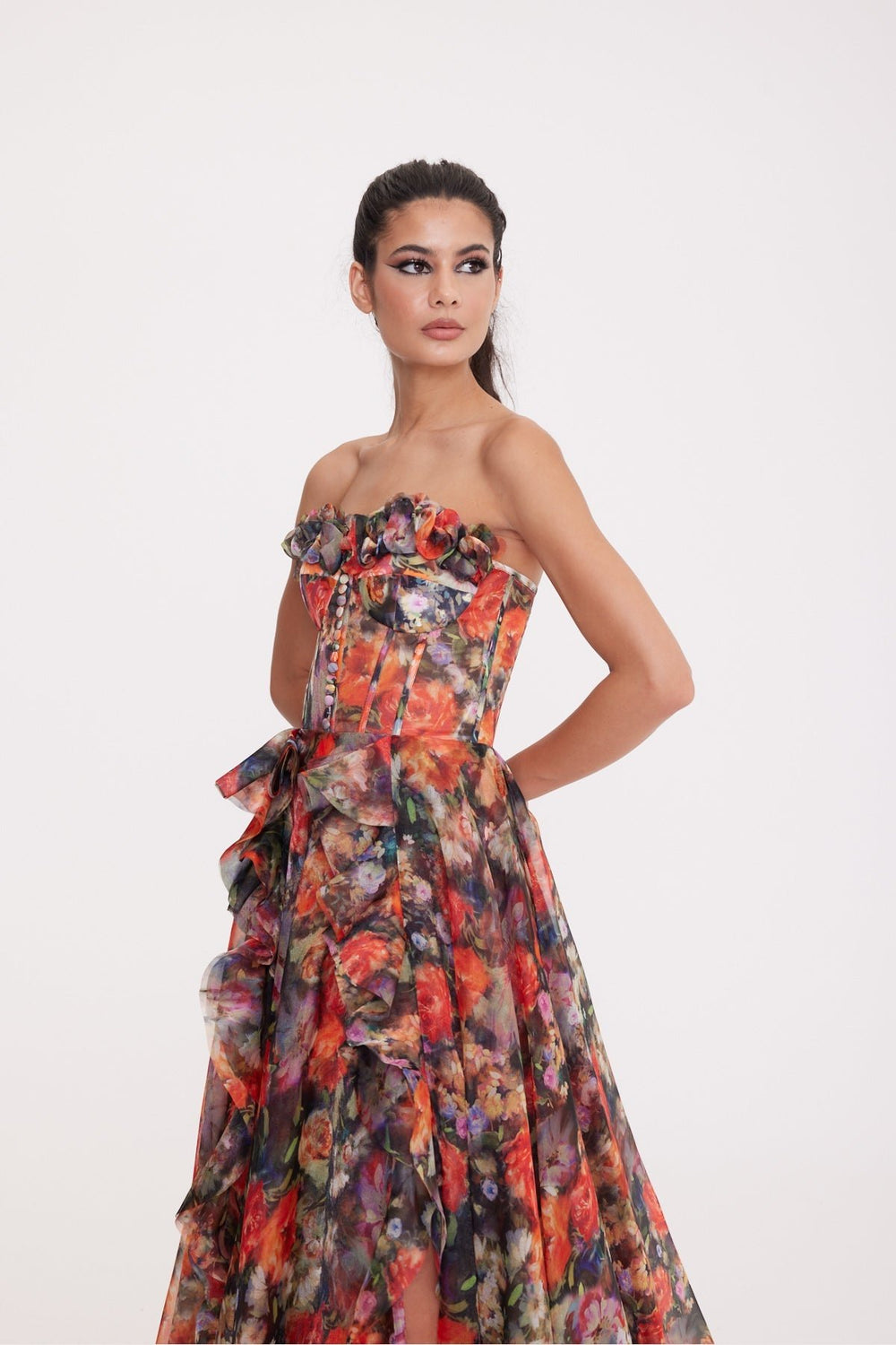 Marigold Straplez Yırtmaçlı Desenli Elbise