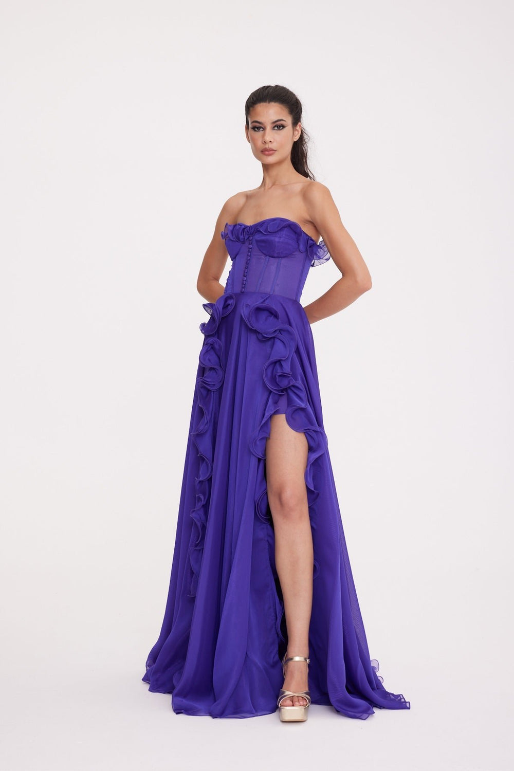 Gia Selina Fırfır ve Düğme Detay Straplez Elbise