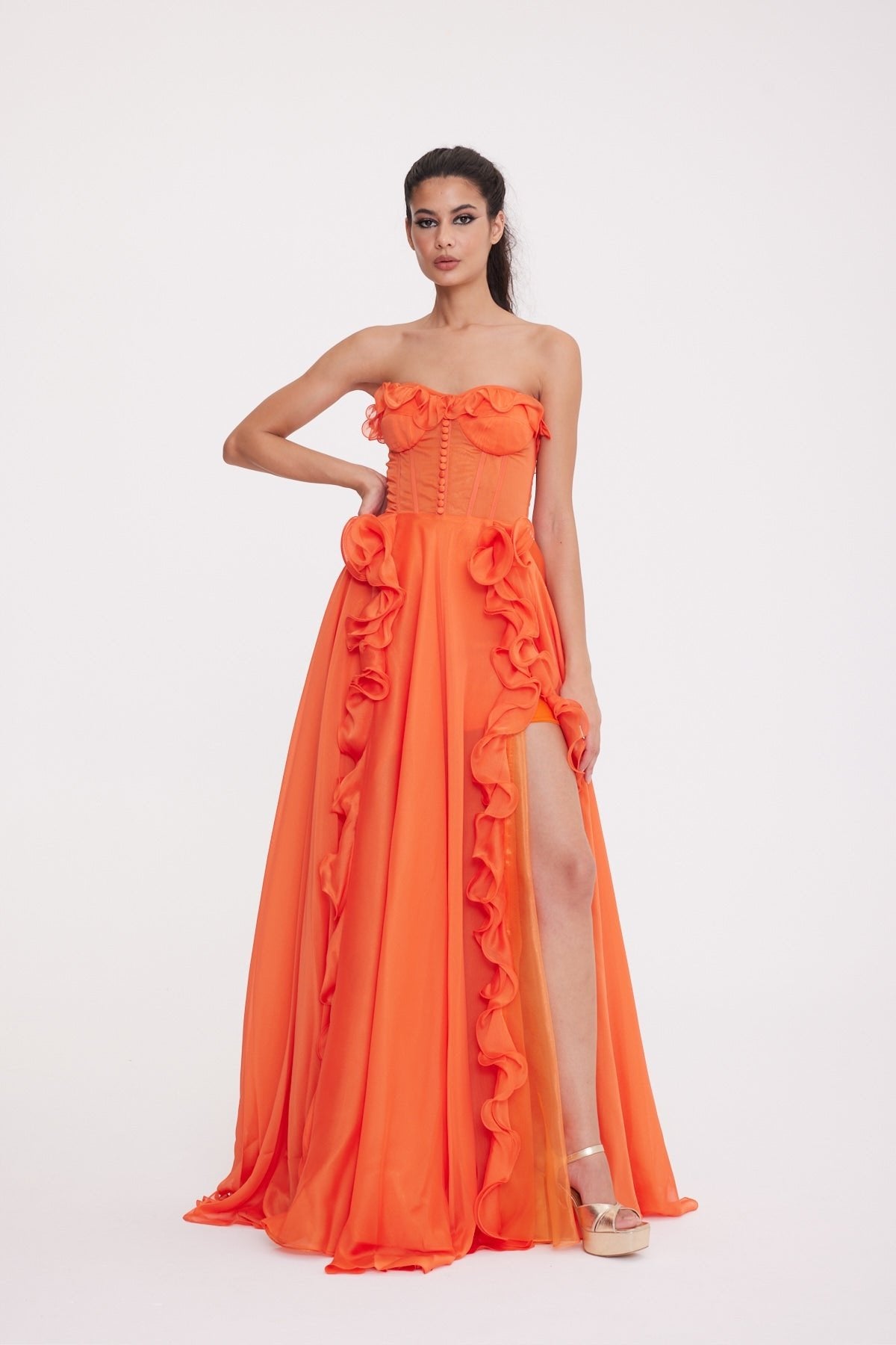 Gia Selina Frill and Button Detail Strapless Dress