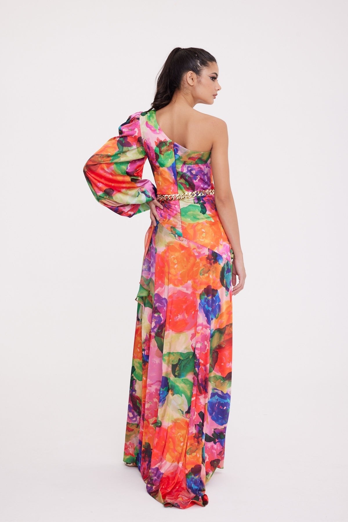 Sage Tek Kolu Uzun Beli Zincirli Yırtmaçlı Gece Elbisesi Mix