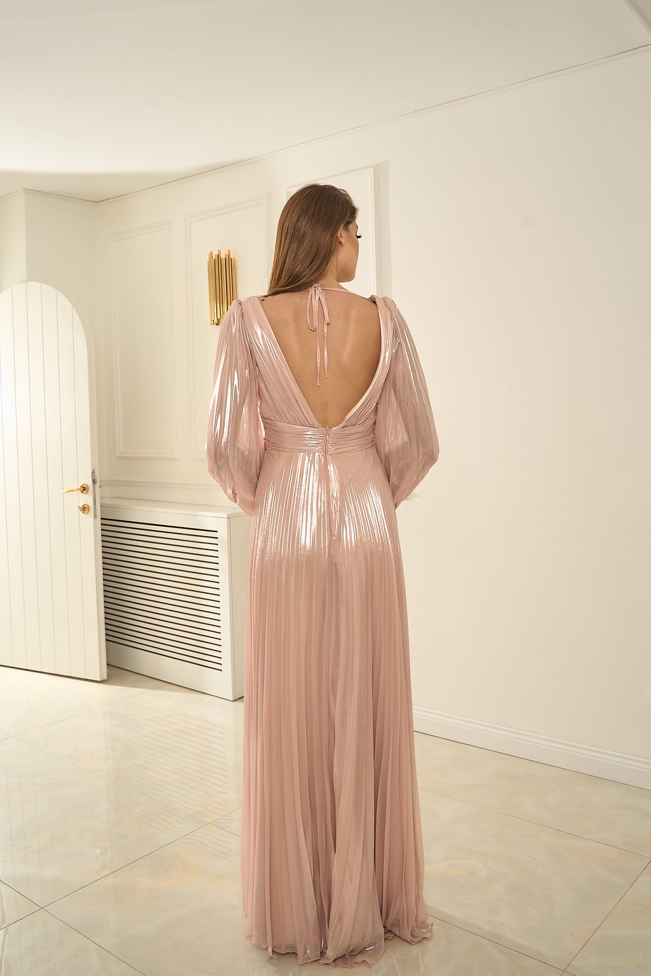 Pleated Shiny Fabric V-Neck Deep Slit Long Evening Dress