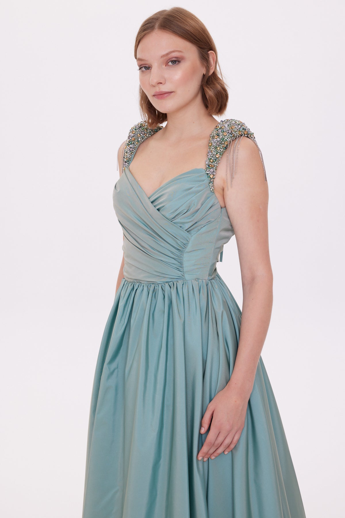 Taffeta Dress with Stone Embroidered Drape Detail on Shoulders