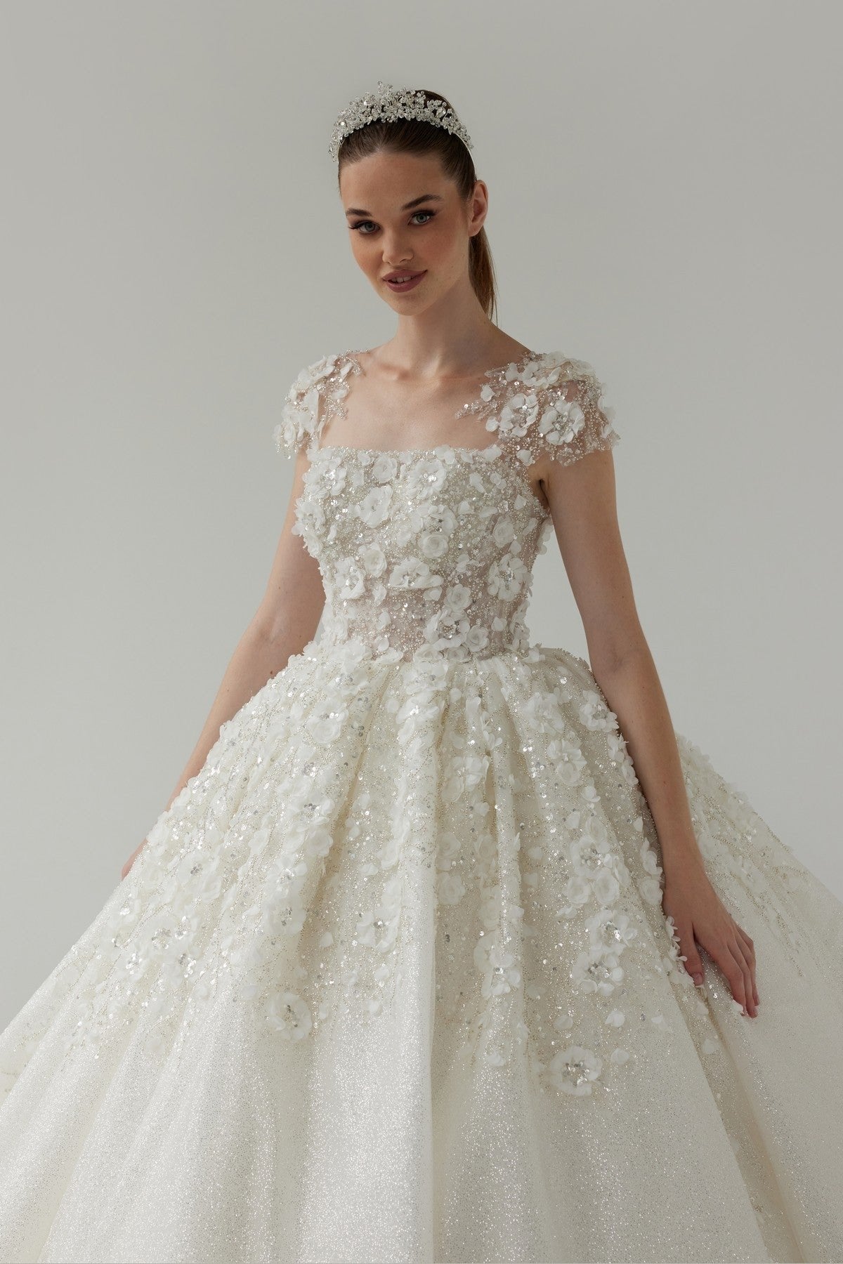Square Neckline 3D Floral Detailed Princess Wedding Dress