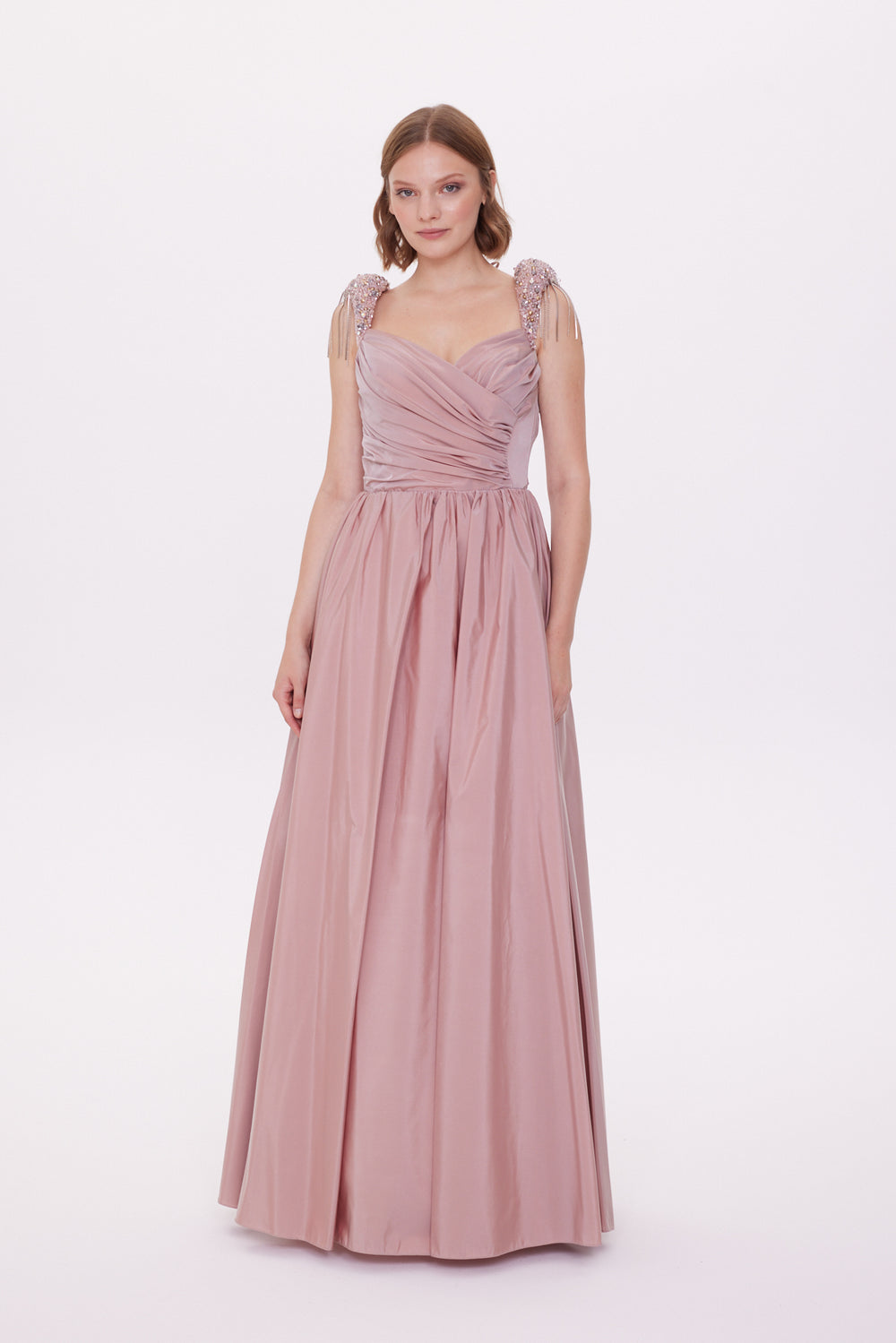 Taffeta Dress with Stone Embroidered Drape Detail on Shoulders