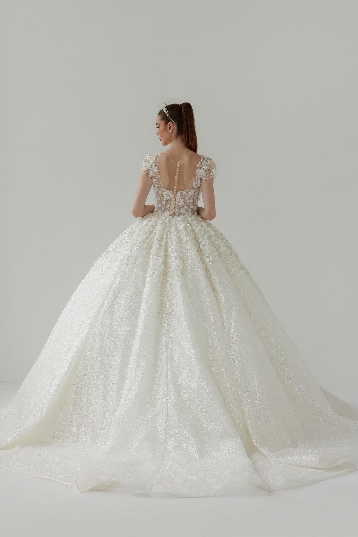Square Neckline 3D Floral Detailed Princess Wedding Dress