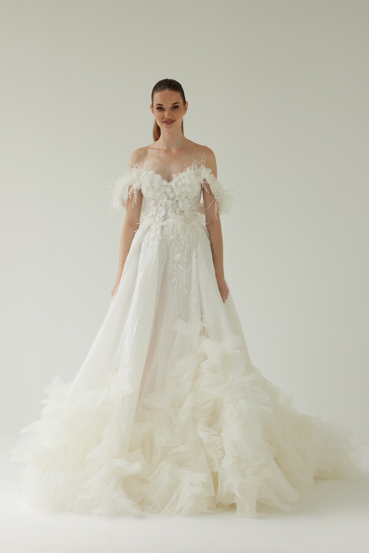 Helen Wedding Dress with Low Sleeves and Slits with Ruffle Detail