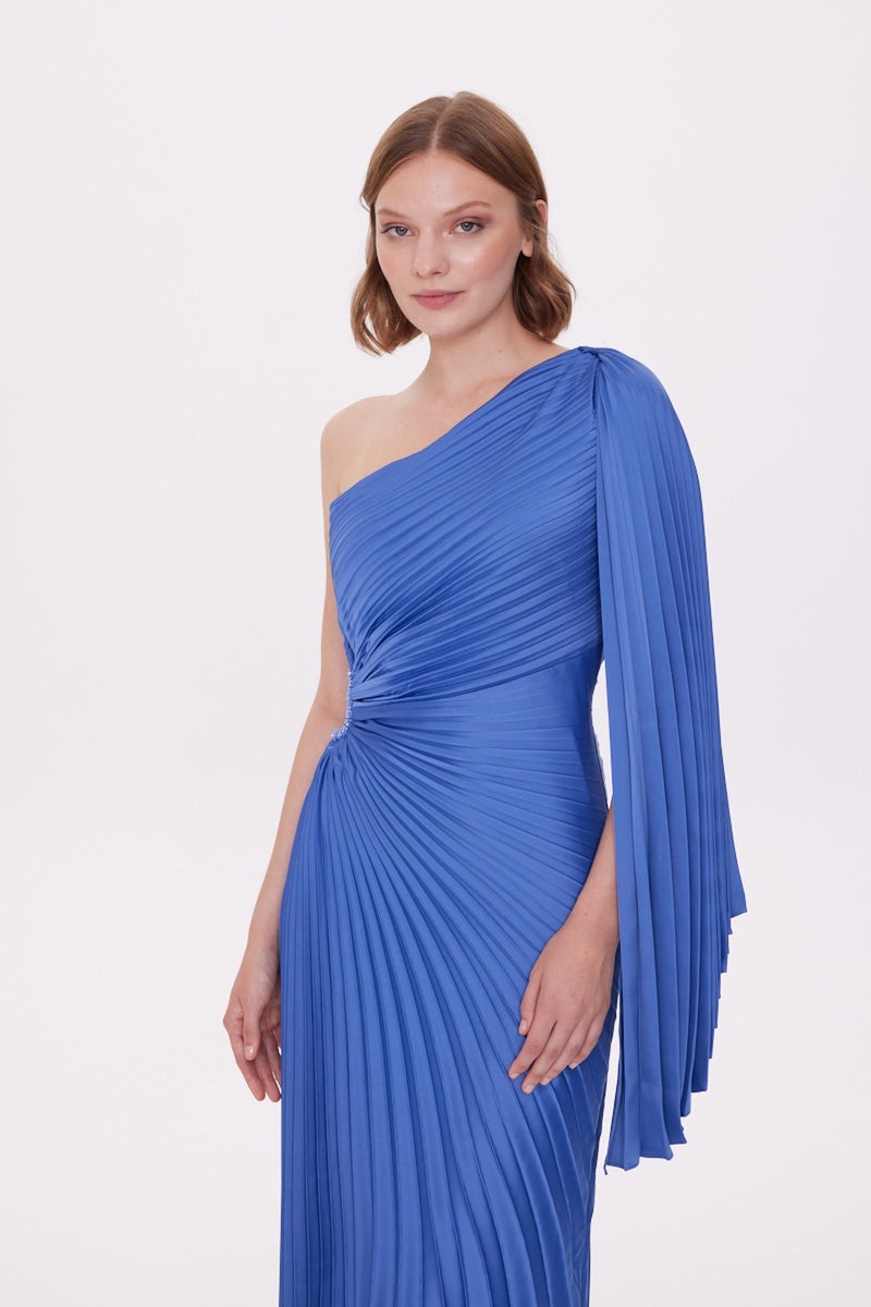 One Shoulder Waist Window Detailed Pleated Satin Asymmetrical Dress