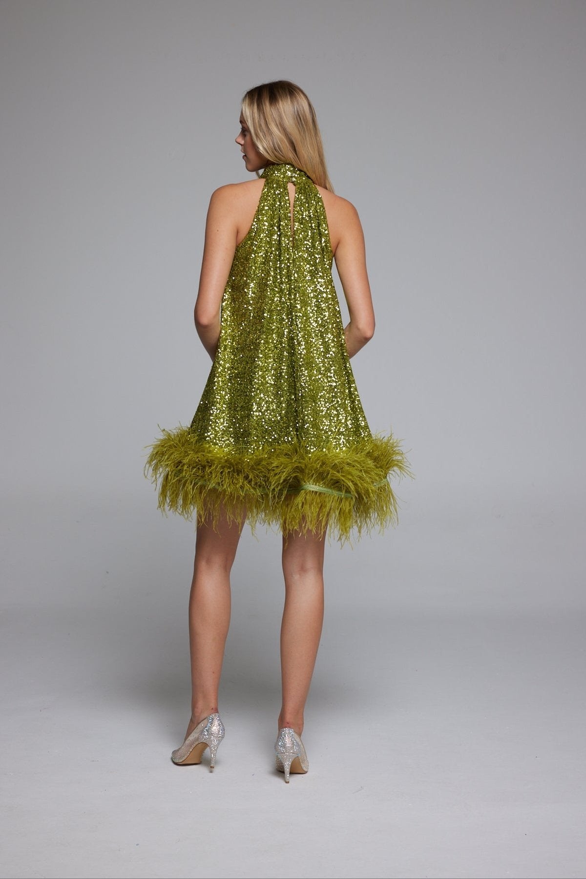Halter Neck Slit Detailed Sequined Mini Dress