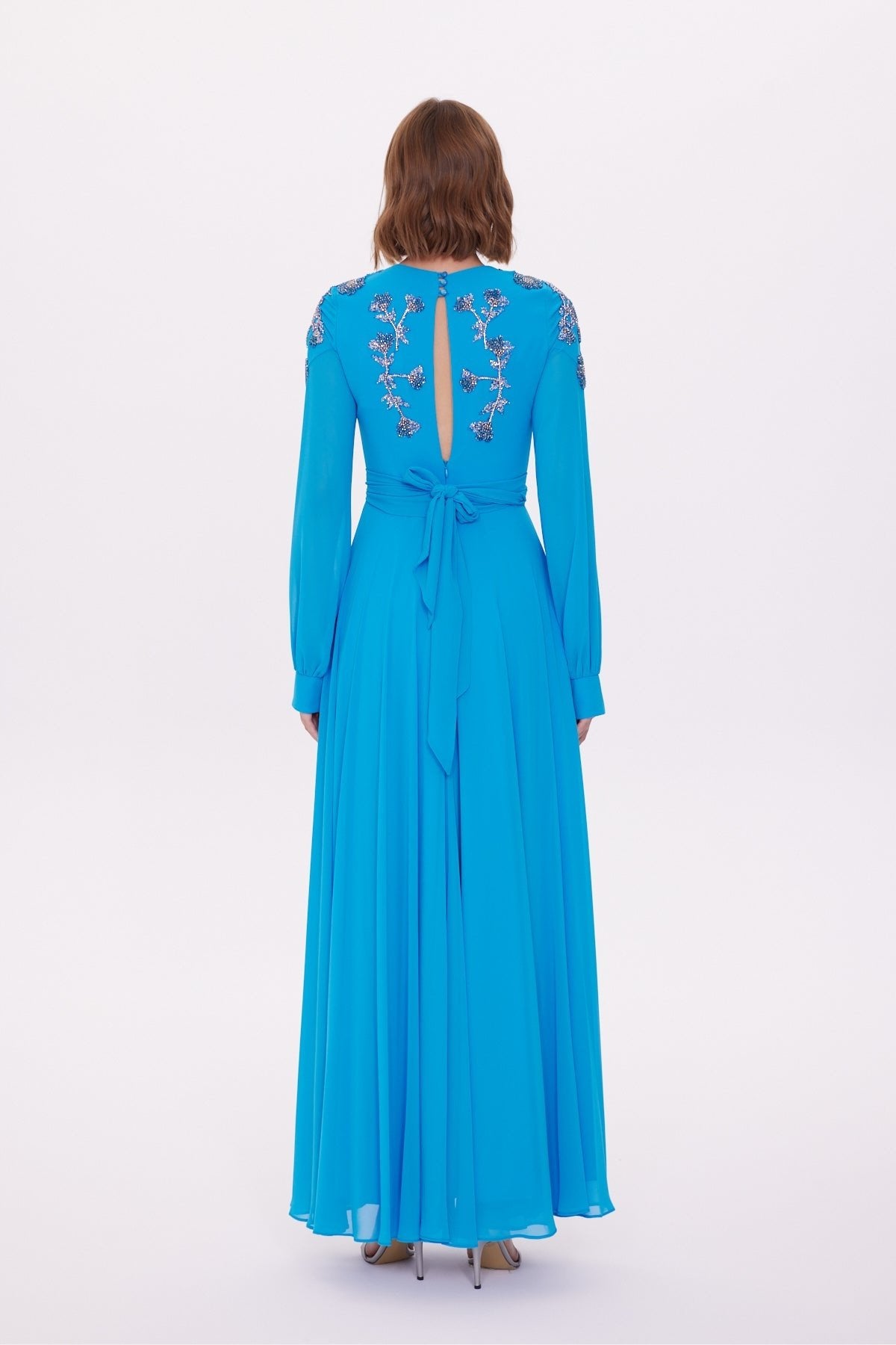Long Sleeve Chiffon Embroidery Detailed Long Dress
