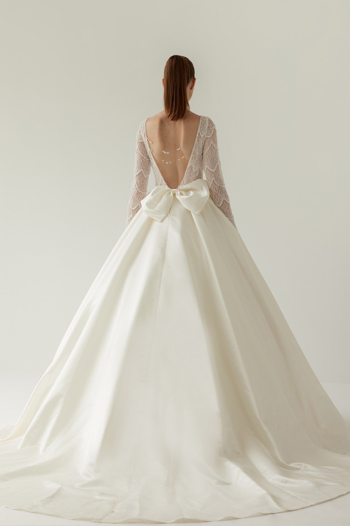 Long Sleeve Satin Bow and Pearl Detailed Princess Wedding Dress