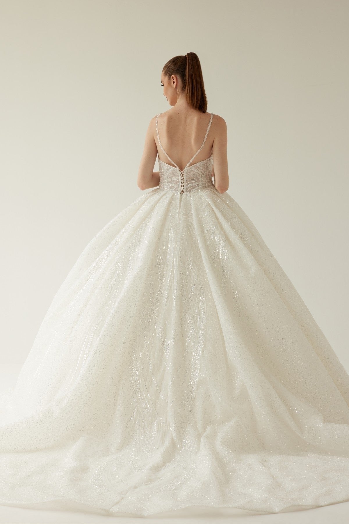 Deep Low-cut, Intense Stone Embroidered Sequin Princess Wedding Dress