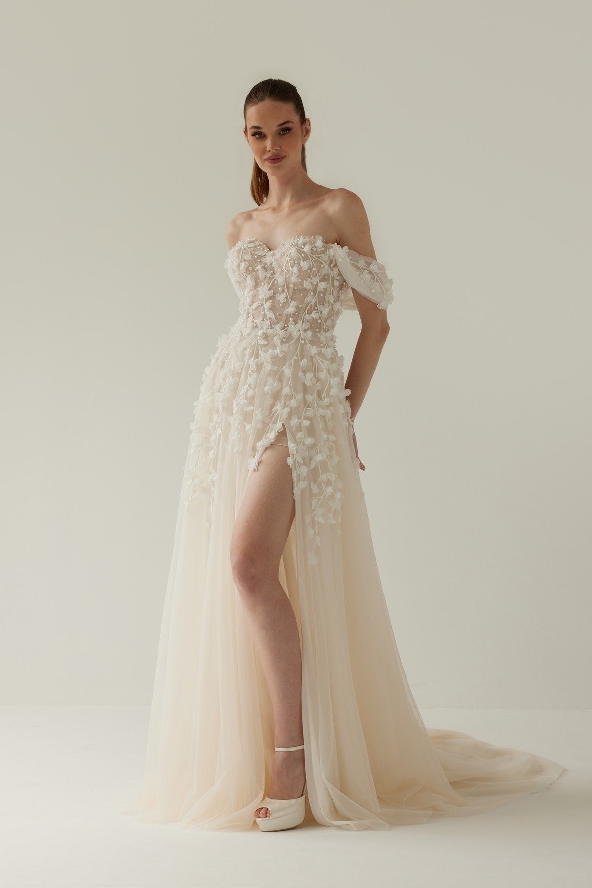 Helen Wedding Dress with 3D Floral Detail and Slit