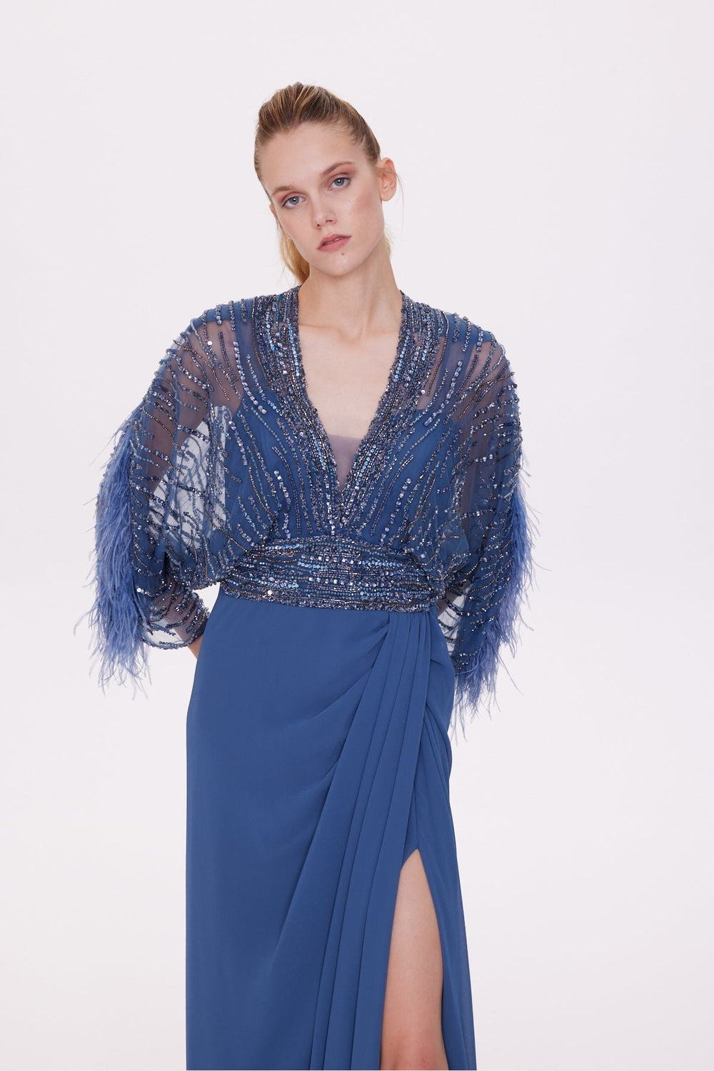 Bat Sleeve Deep Slit Dress with Trimming and Embroidery Detail