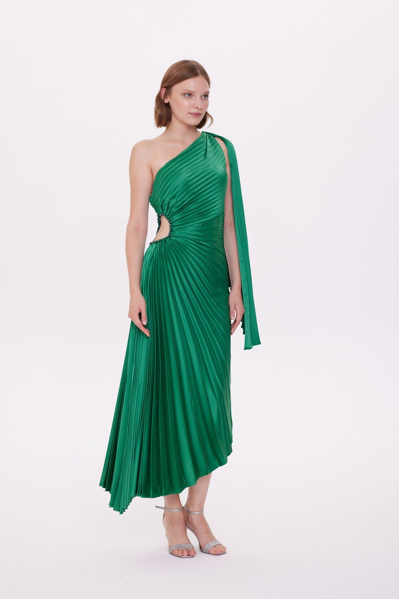 One Shoulder Waist Window Detailed Pleated Satin Asymmetrical Dress