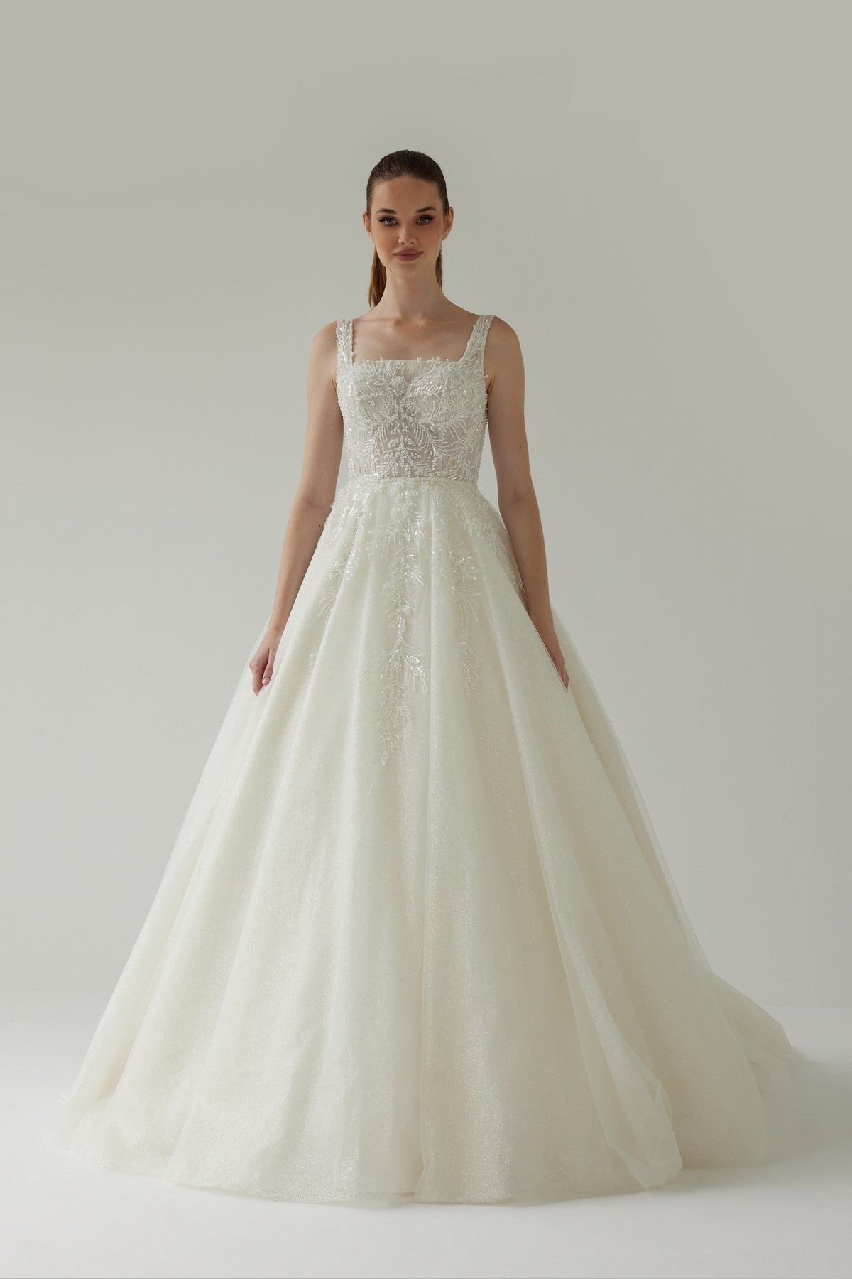 Square Neckline Thick Straps A-Line Wedding Dress with Guipure Detail