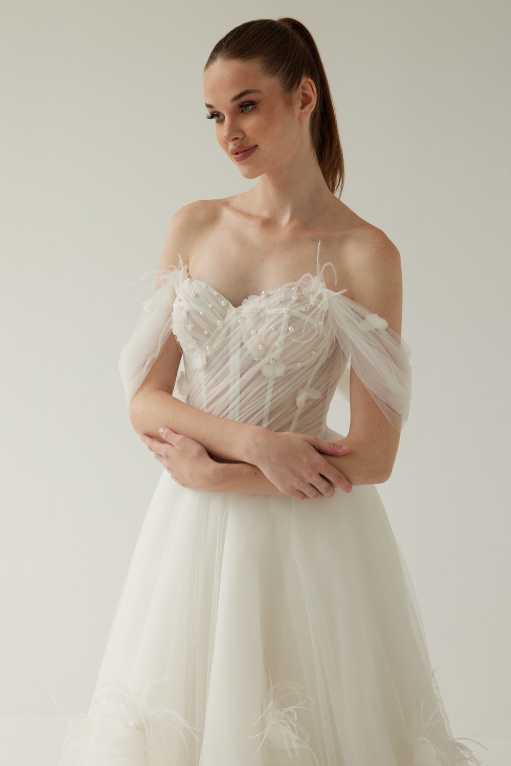 Ruffle Detailed Low Sleeve Helen Wedding Dress