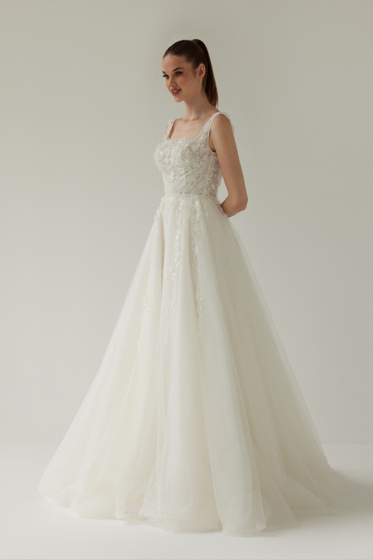 Square Neckline Helen Wedding Dress with 3D Flower and Drape Detail