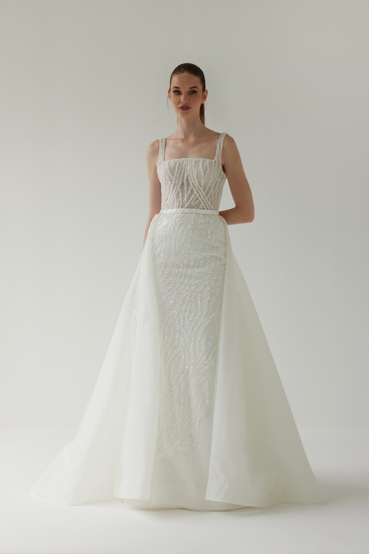 Square Neckline Fishtail Wedding Dress with Detachable Tail
