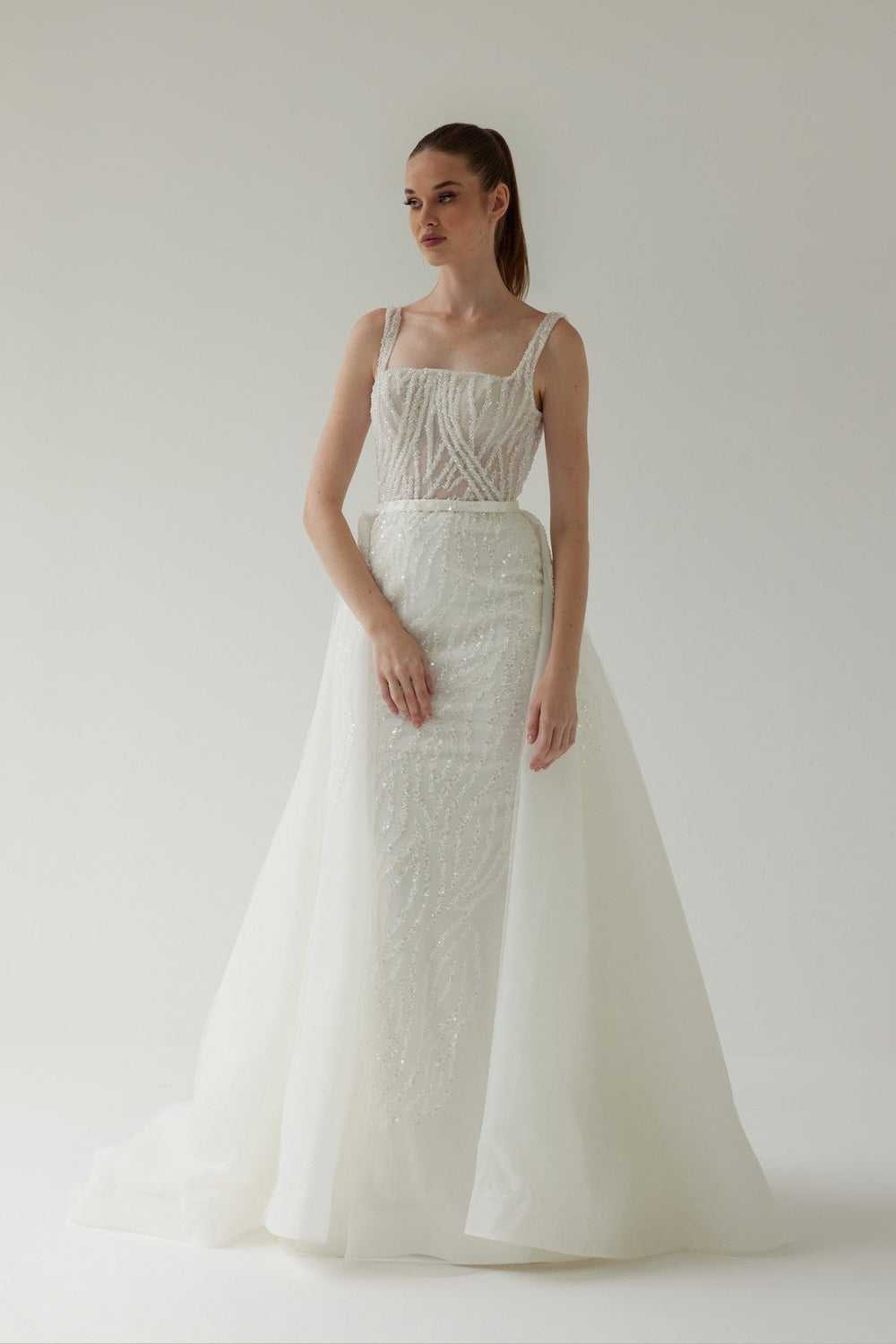 Square Neckline Fishtail Wedding Dress with Detachable Tail