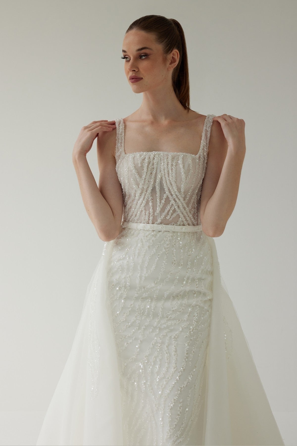 Square Neckline Fishtail Wedding Dress with Detachable Tail