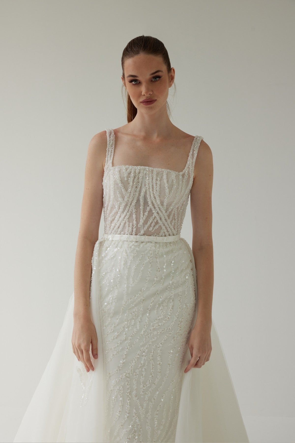 Square Neckline Fishtail Wedding Dress with Detachable Tail