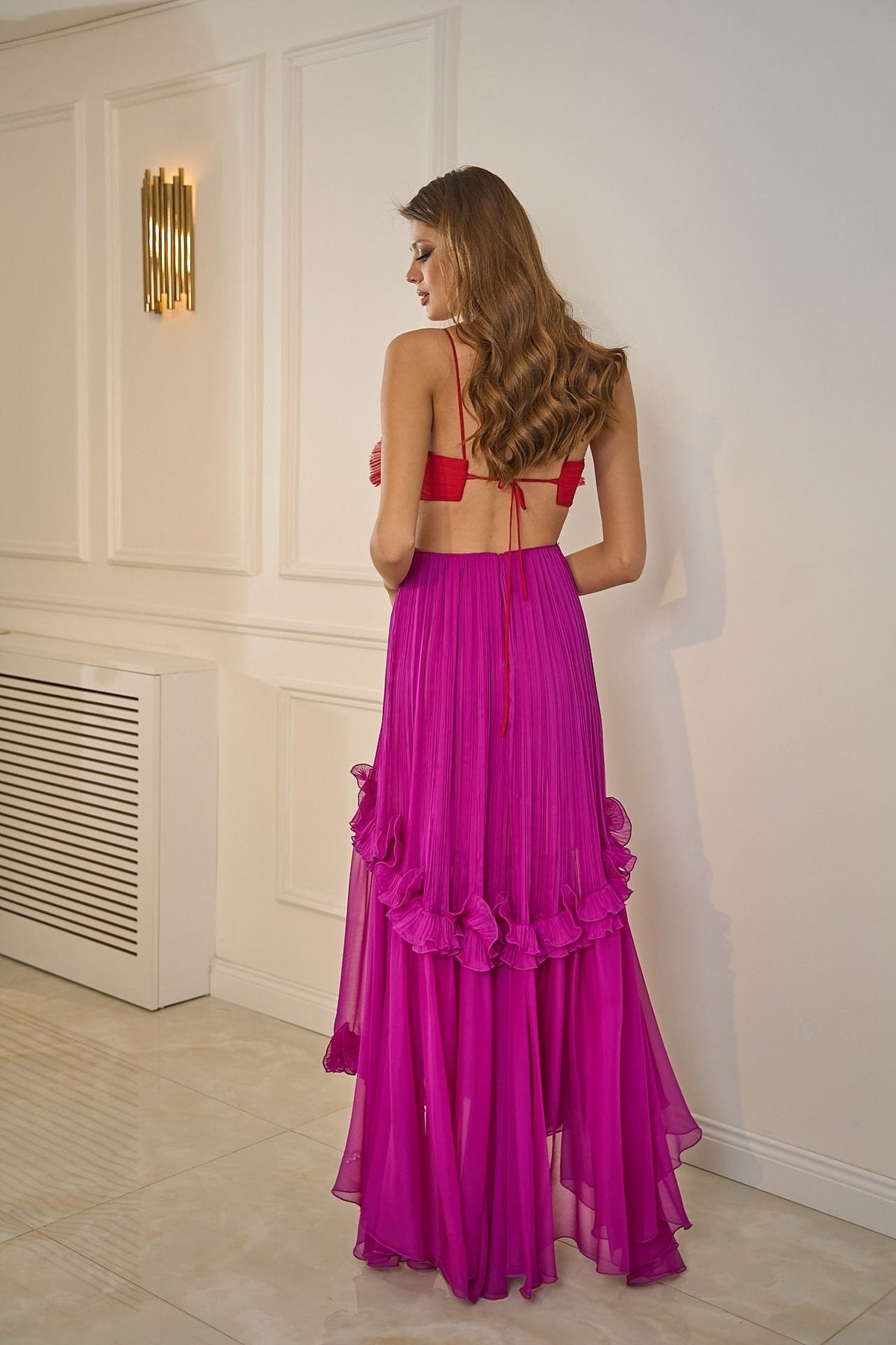Rope Strap Frilly Pleated Long Evening Dress