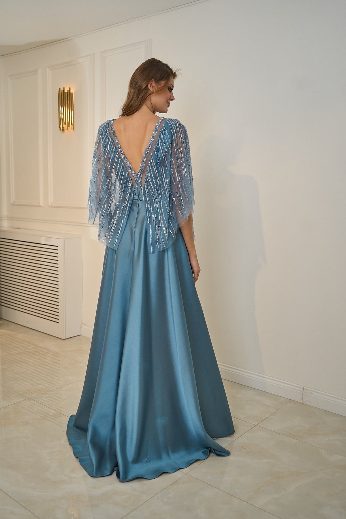 Stone Embroidered Slit Detailed Flowy Sleeve Long Evening Dress