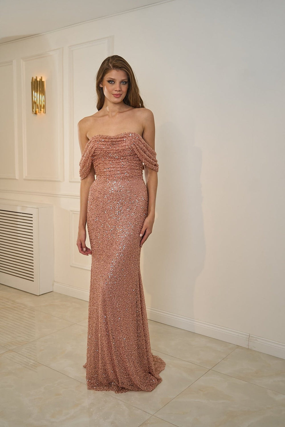 Draped Low Sleeve Sequined Long Evening Dress