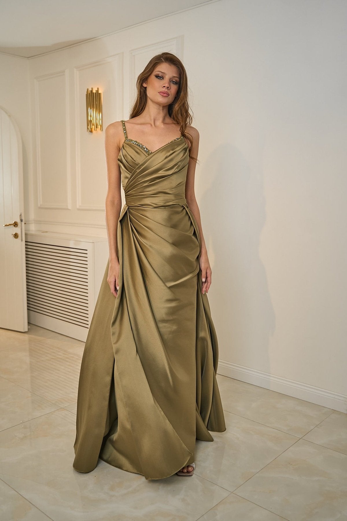 Stone Embroidered Drape Detailed Long Evening Dress Around the Chest and Strap