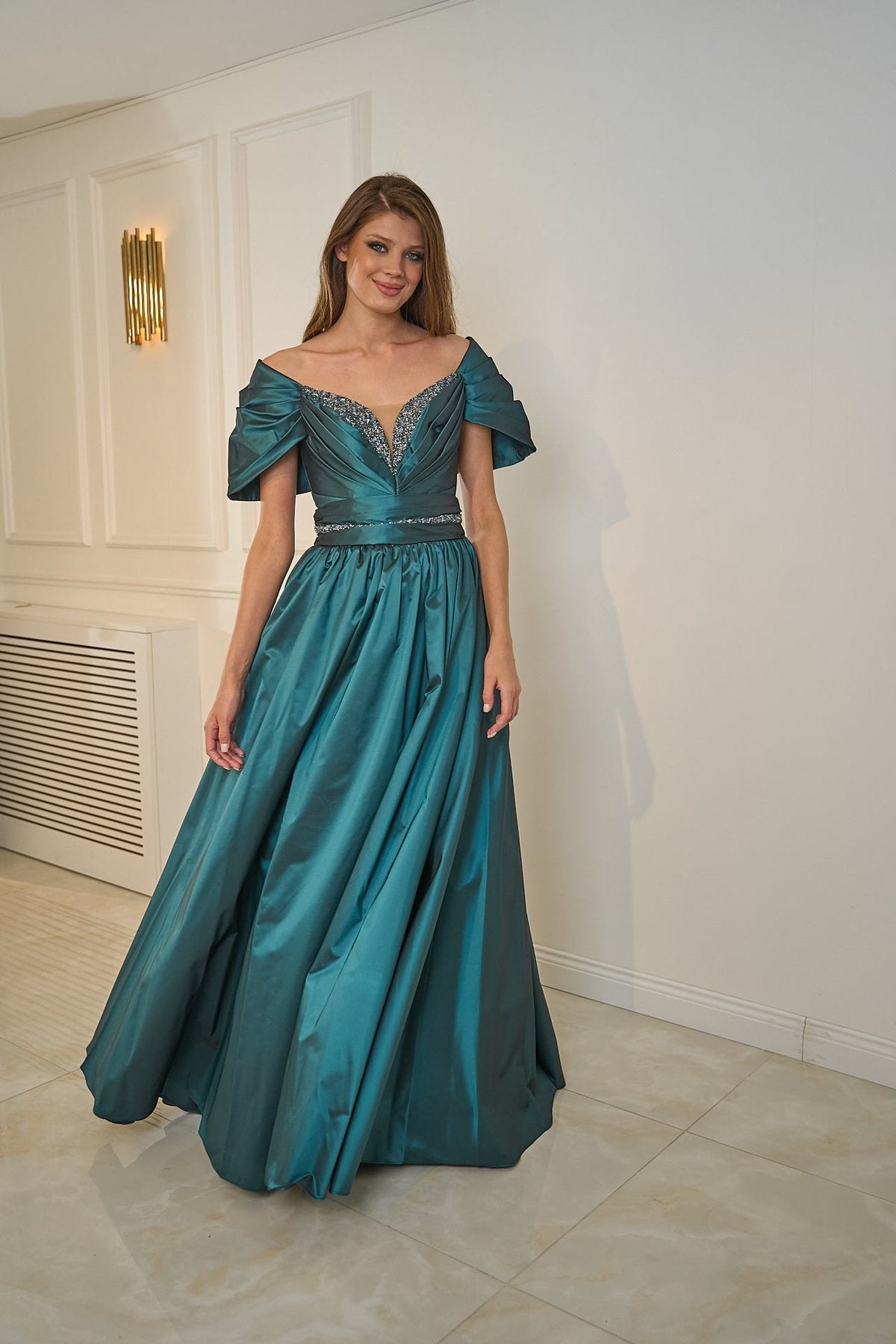 Stone Embroidered Low Sleeve Belt Detailed Long Evening Dress
